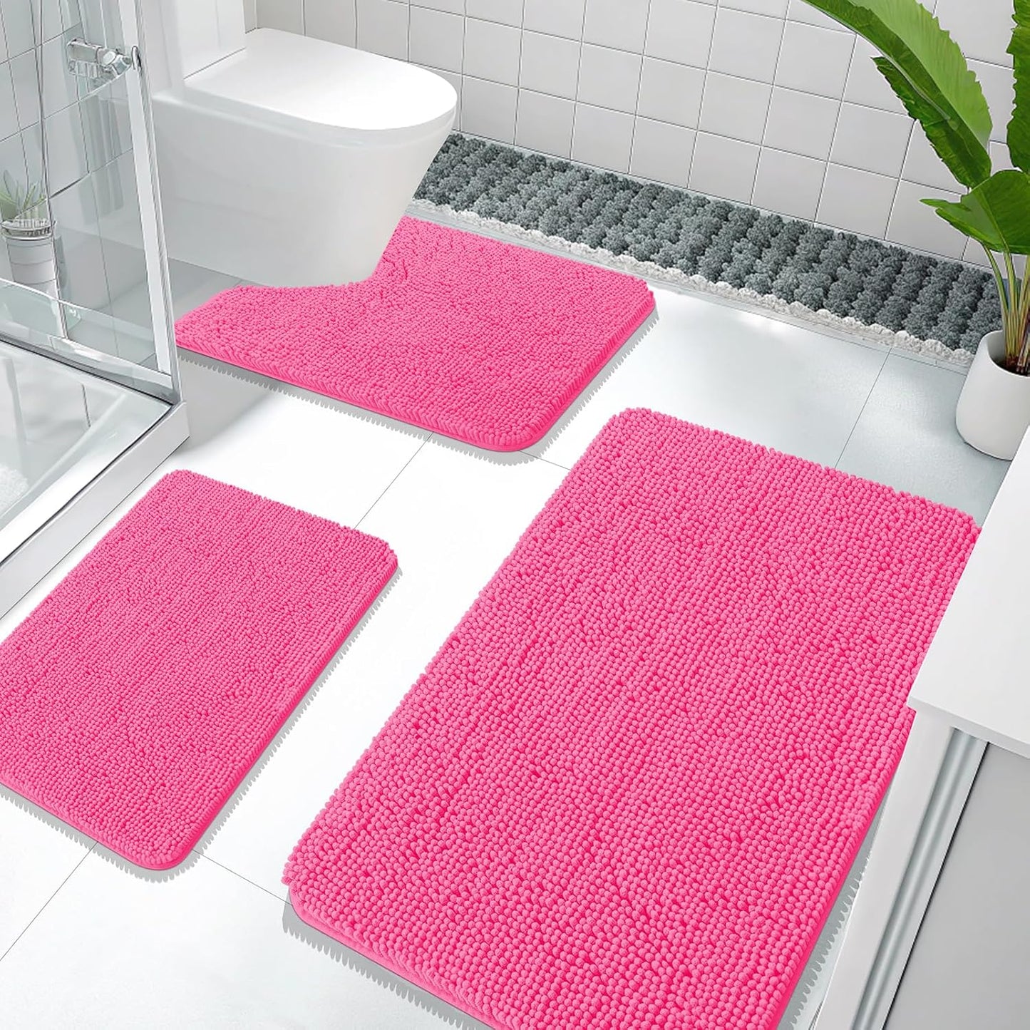 OLANLY Bathroom Rugs Sets 3 Piece, Soft Absorbent Chenille Bath Mats and U-Shaped Contour Toilet Rug, Quick Dry, Home Decor Accessories, Bath Mat Set for Bathroom (36"x24"+24"x16"+24"x20", Hot Pink)