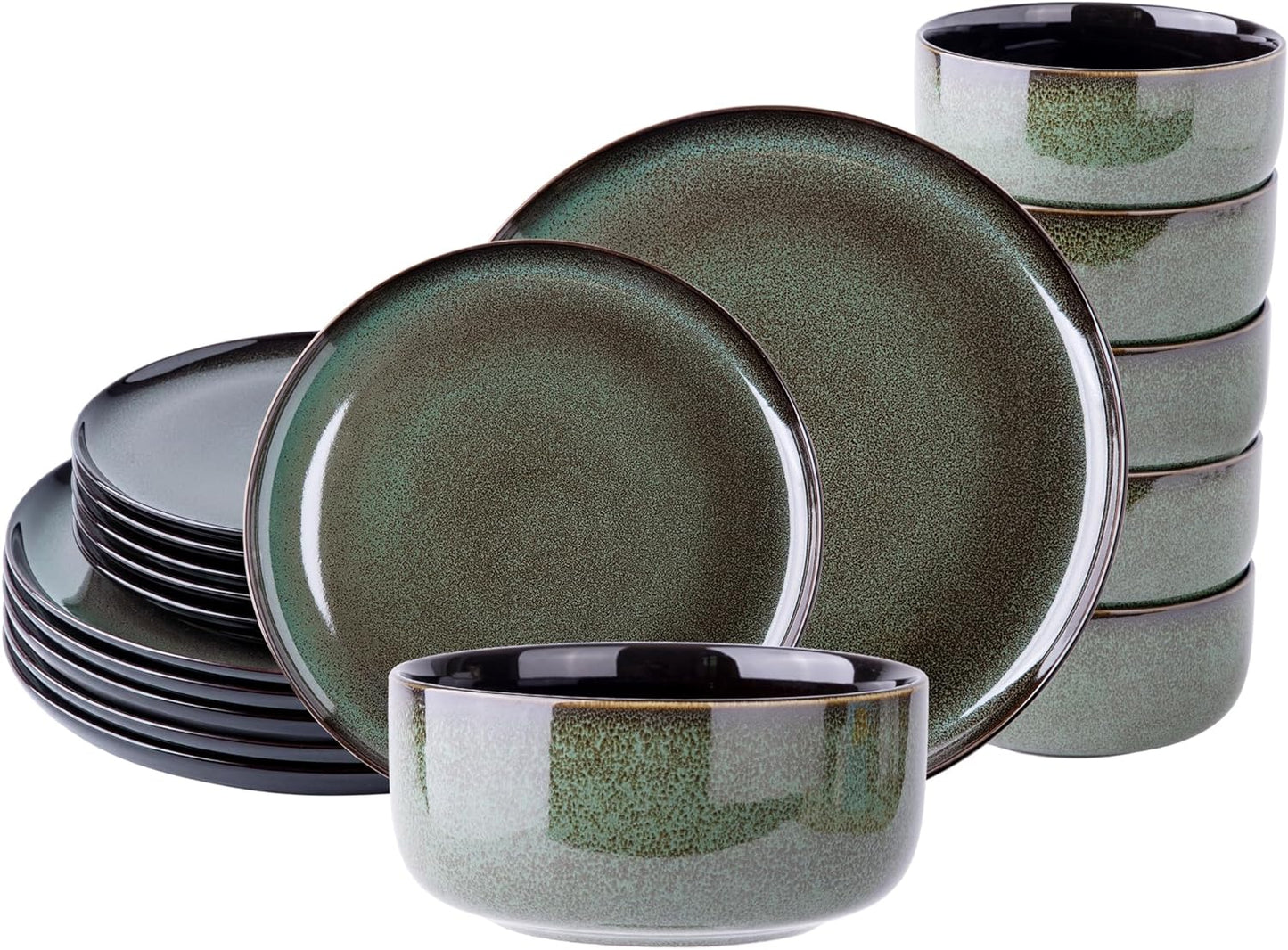 LeRatio Ceramic Dinnerware Sets for 6,Porcelain Plates and Bowls Sets,Handmade Reactive Glaze Dishes Set,Chip Resistant and Scratch Resistant | Oven&Dishwasher & Microwave Safe-Green(18PCS)
