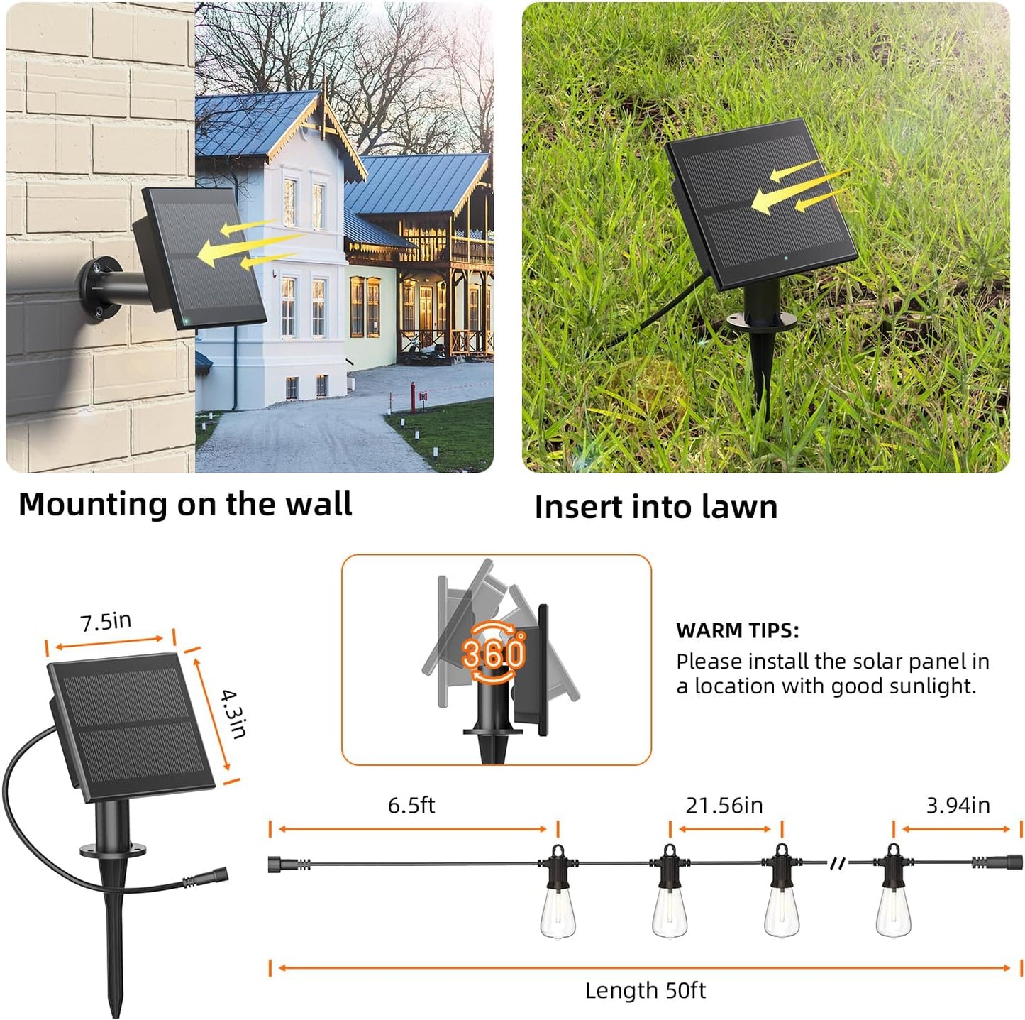 Kawaya Solar Powered String Lights: 50 FT LED Outdoor Patio Hanging Lights With 25+2 Edison Bulbs - USB-Charging - IP65 Waterproof