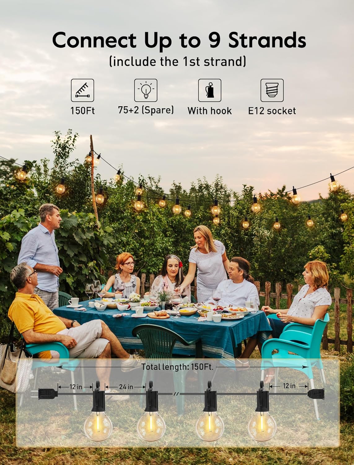 Brightown LED Outdoor String Lights - 150FT Patio Lights with 75 Shatterproof Clear Dimmable Edison Bulbs, Waterproof Connectable Hanging Light for Outside Backyard Porch Party Christmas Decoration