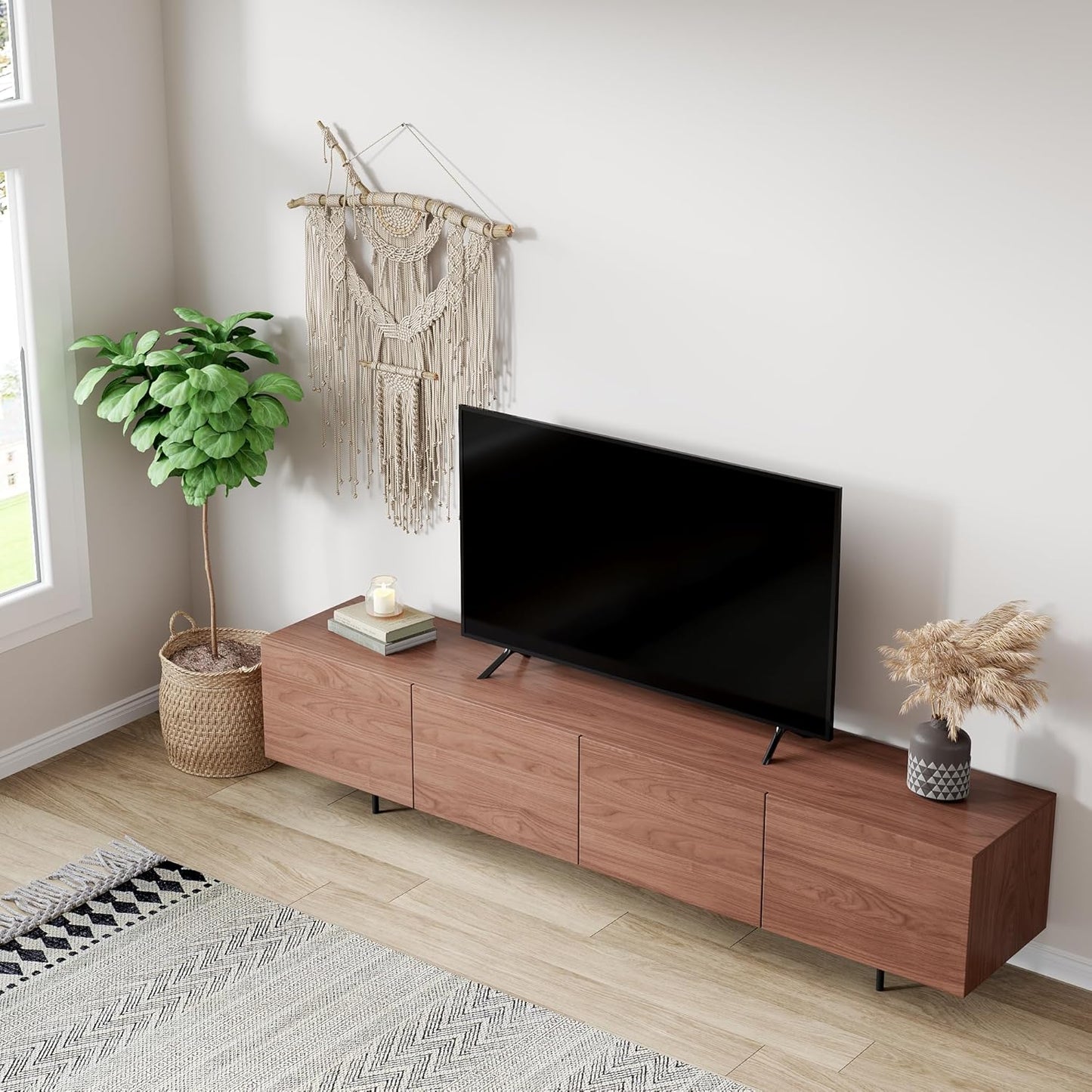 Mid Century Modern TV Stand - 86.6" Walnut Entertainment & Media Console for 65-100 Inches TV, 4 Cabinet Doors with 6 Storage Compartments, Cable Management, Stylish Living Room Center (Walnut, 86.6")