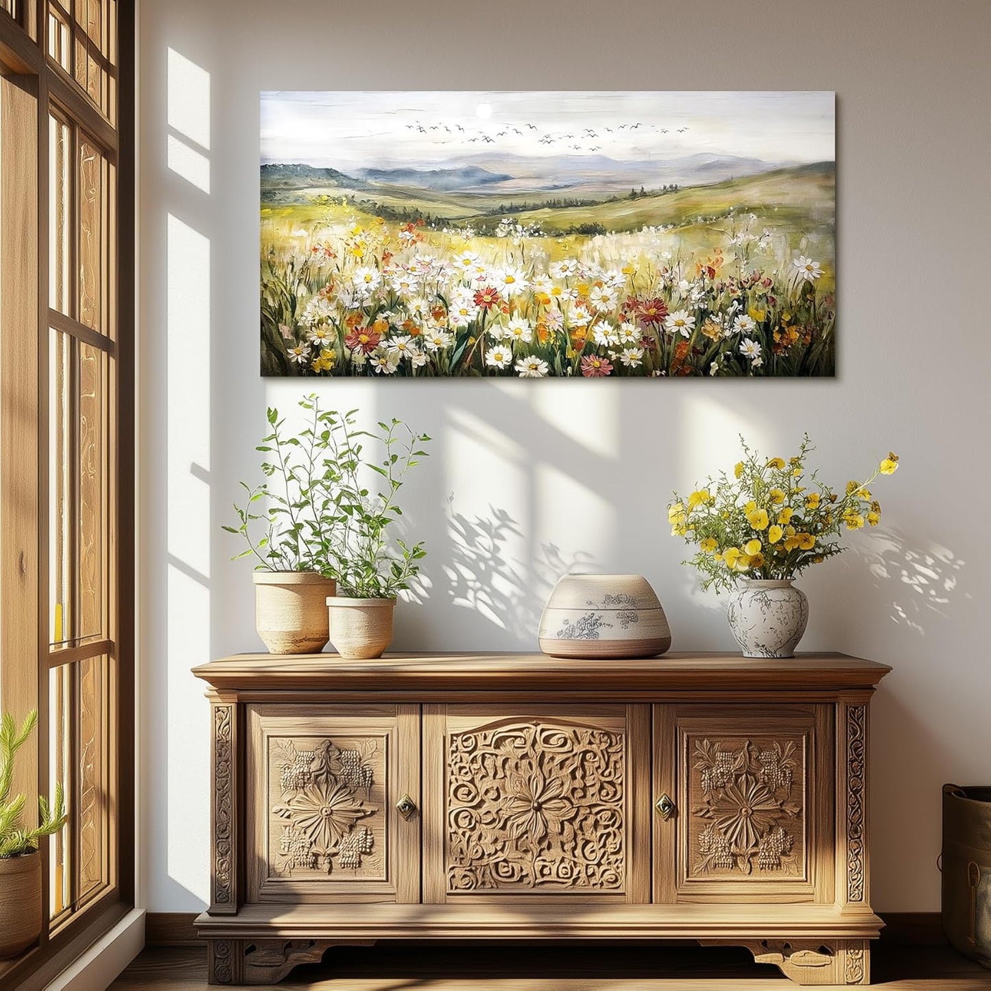 SERIMINO Nature Landscape Wall Art, Mountain Daisy Extra Large Artwork, Wildflower Meadow Rustic Home Decor Art Prints, French Country Aesthetic Paintings Wall Decor Living Room Dining Room 30X60 Inch