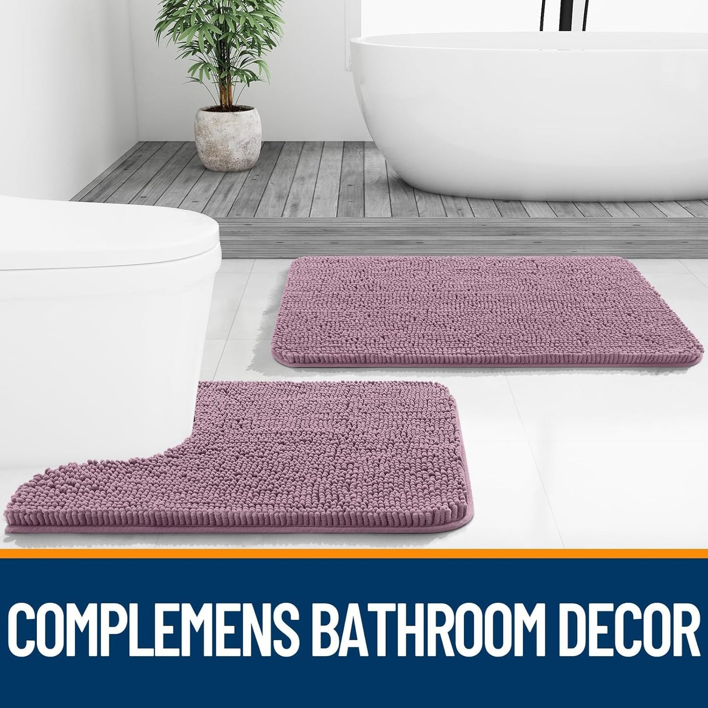 OLANLY Bathroom Rugs Sets 2 Piece, Soft Absorbent Chenille Bath Mats and U-Shaped Contour Toilet Mat Area Rug Set, Machine Washable Bath Carpet, Home Decor Accessories(24"x16"+24"x20", Deep Plum)