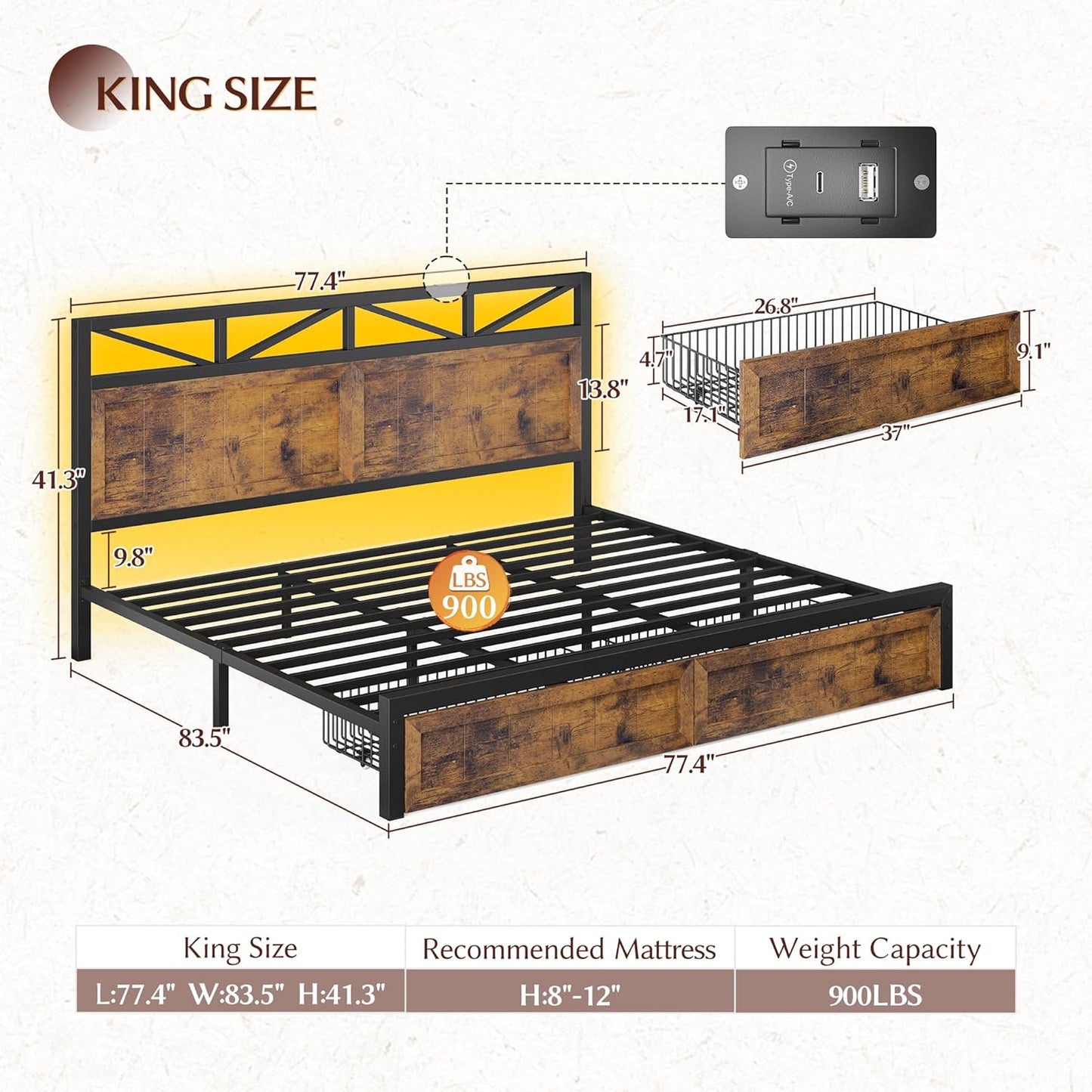 EnHomee Farmhouse King Size Bed Frame with 2 Storage Drawers & LED, Metal King Bed Frame Built in Charging Station,NO Noise,No Box Spring Needed,Brown