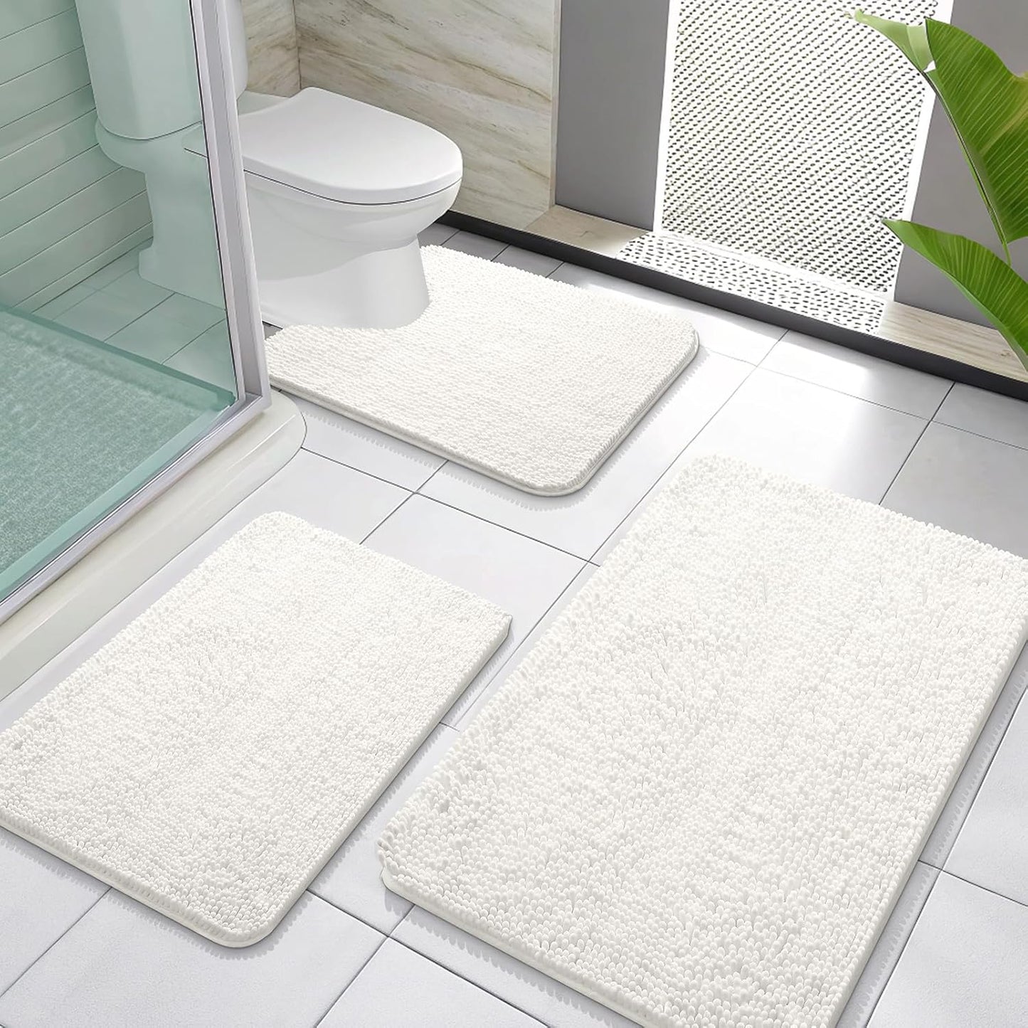 OLANLY Bathroom Rugs Sets 3 Piece, Soft Absorbent Chenille Bath Mats and U-Shaped Contour Toilet Rug, Quick Dry, Home Decor Accessories, Bath Mat Set for Bathroom (30"x20"+24"x16"+24"x20", Ivory)