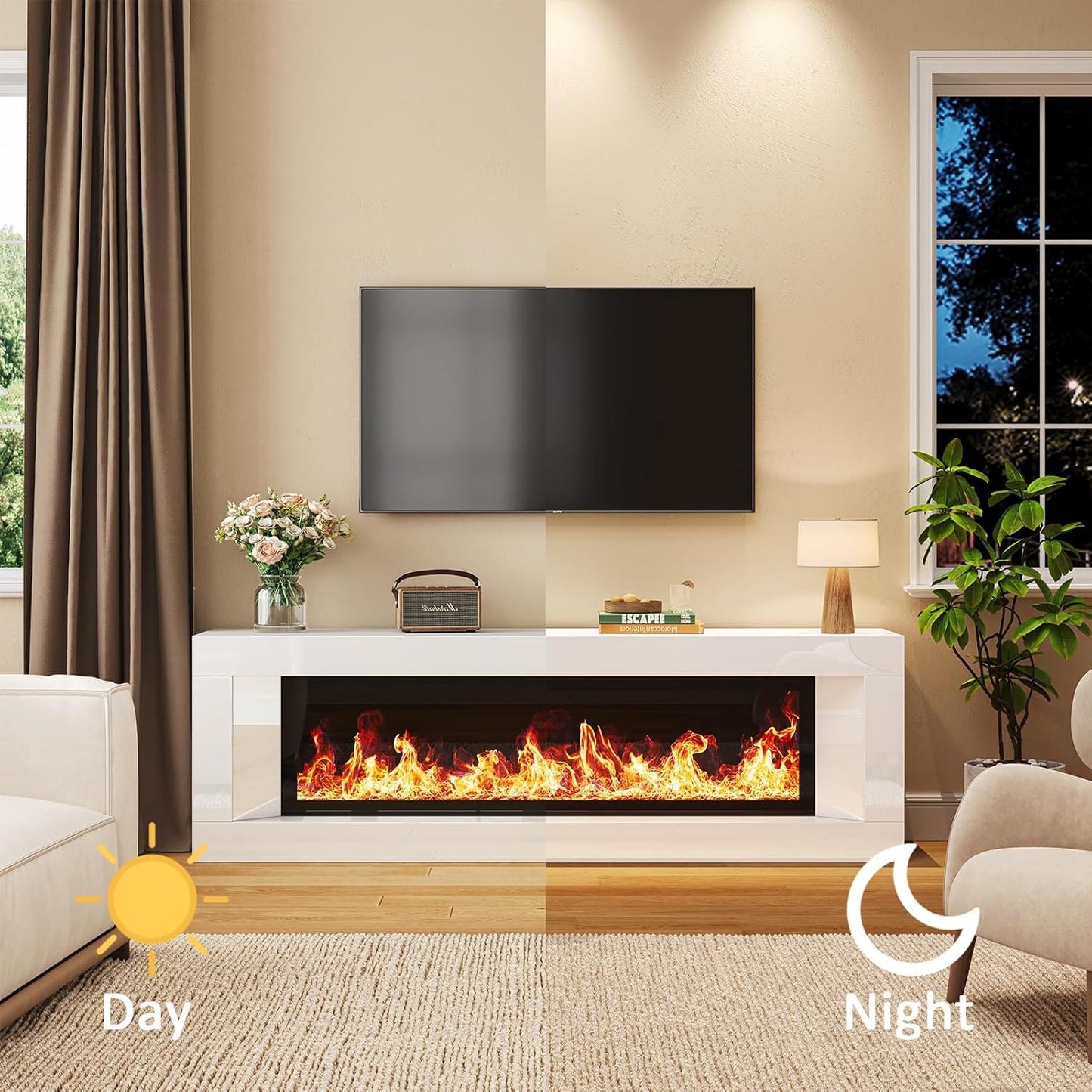 High Gloss Fireplace TV Stand with 47" Electric Fireplace, 63" Entertainment Center with Fireplace, Modern Wood TV Console with 12 Electronic Flame Colors for Living Room, White