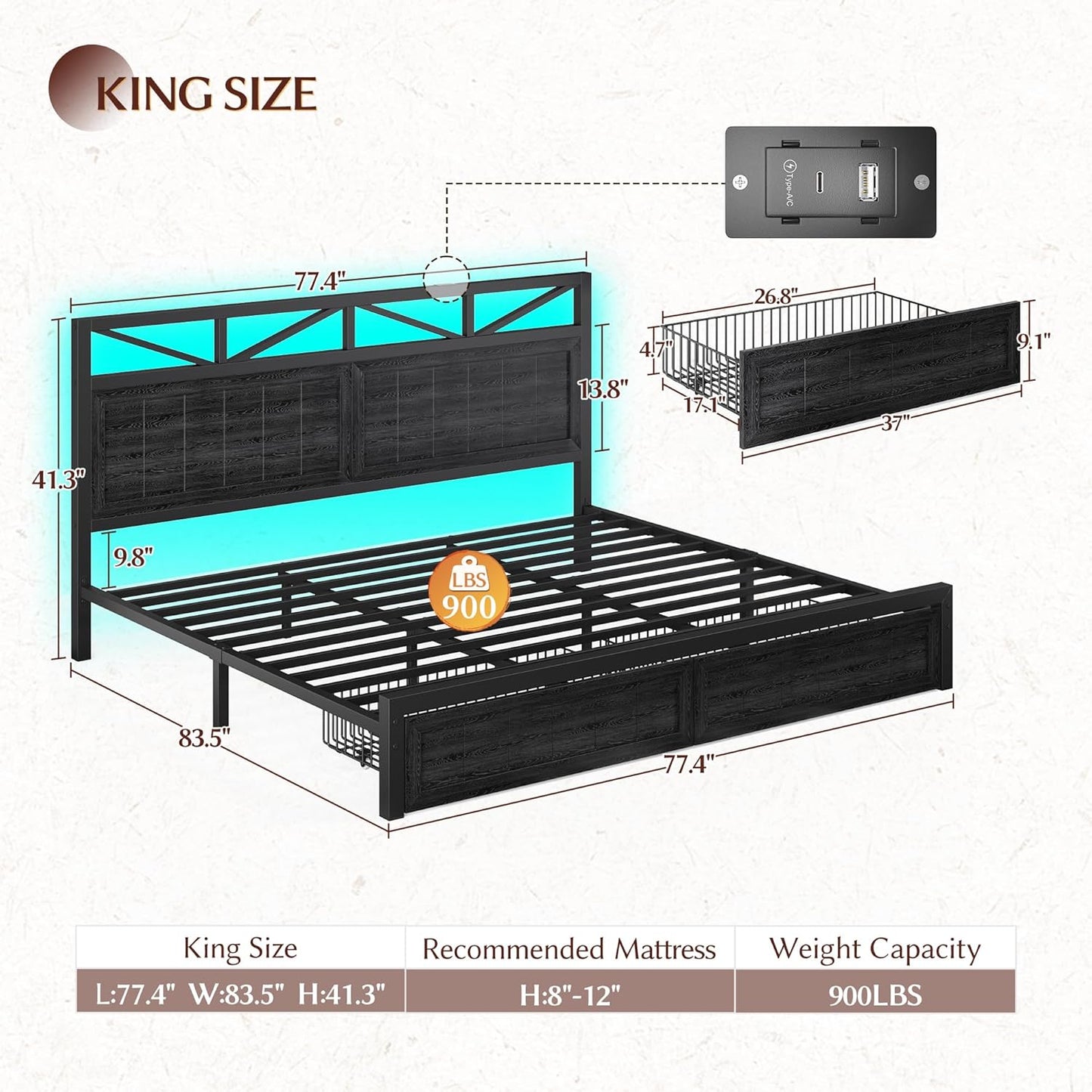 EnHomee King Bed Frame Metal with 2 Storage Drawers, Wooden Headboard with LED Lighting & Charging Station, Bedroom, Apartment, Guest Room, Farmhouse, Black