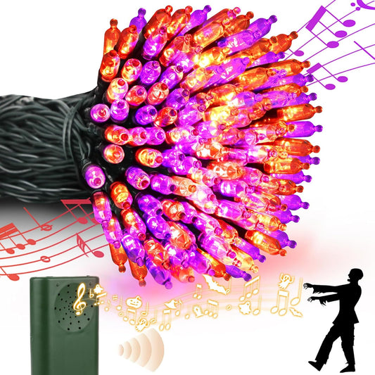 Halloween Lights 33ft 100 LED Battery String Lights with Motion Sensor Spooky Music or Battery Powered Orange & Purple 2 Colors in 1 Waterproof Halloween Outdoor Decor（Purple,Orange）