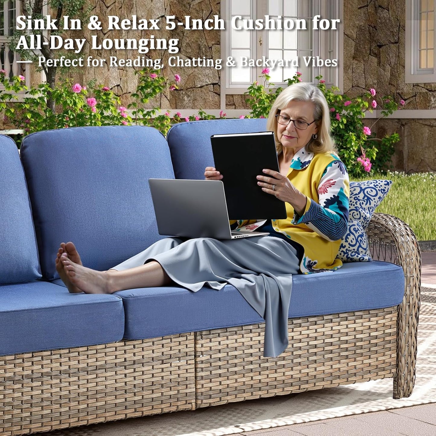 10 Pieces Patio Furniture Set Outdoor Sectional Sofa Couch with Rocking Swivel Chairs 5" Deep Seat Chairs, Modern Wicker Rattan Conversation Set, Blue/Gray Wicker