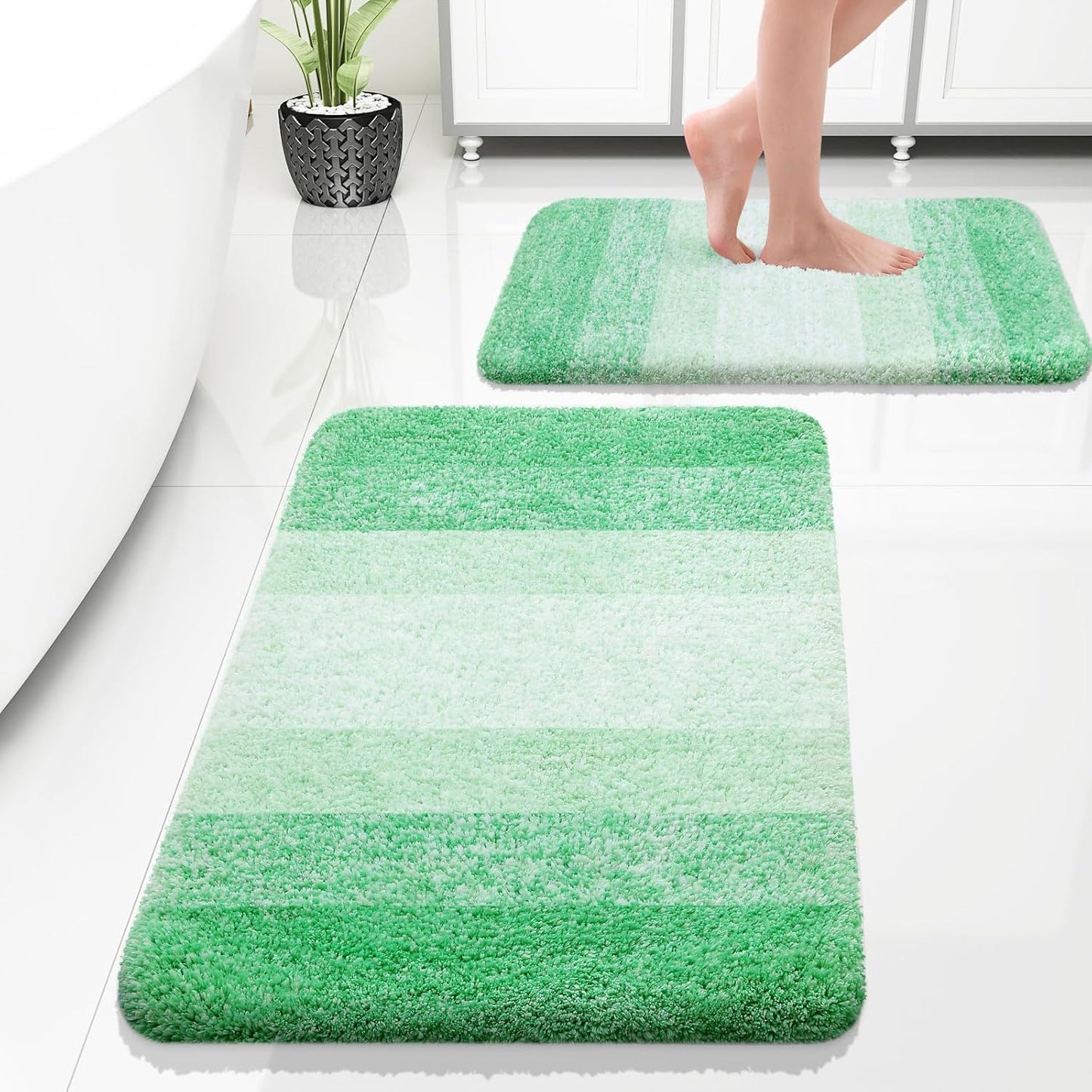 OLANLY Bathroom Rug Set 2 Piece, Soft Absorbent Microfiber Bath Rug Set, Non-Slip, Machine Wash Dry, Plush Shaggy Bath Mats for Bathroom (30"x20"+24"x16", Green)