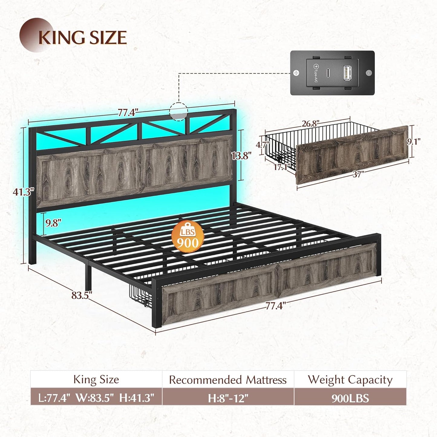 EnHomee King Size Bed Frame with 2 Storage Drawers, King Bed Frame with Wooden Headboard and Strong Metal Support,LED Lights and Charging Station,Farmhouse,NO Noise,No Box Spring Needed,Grey