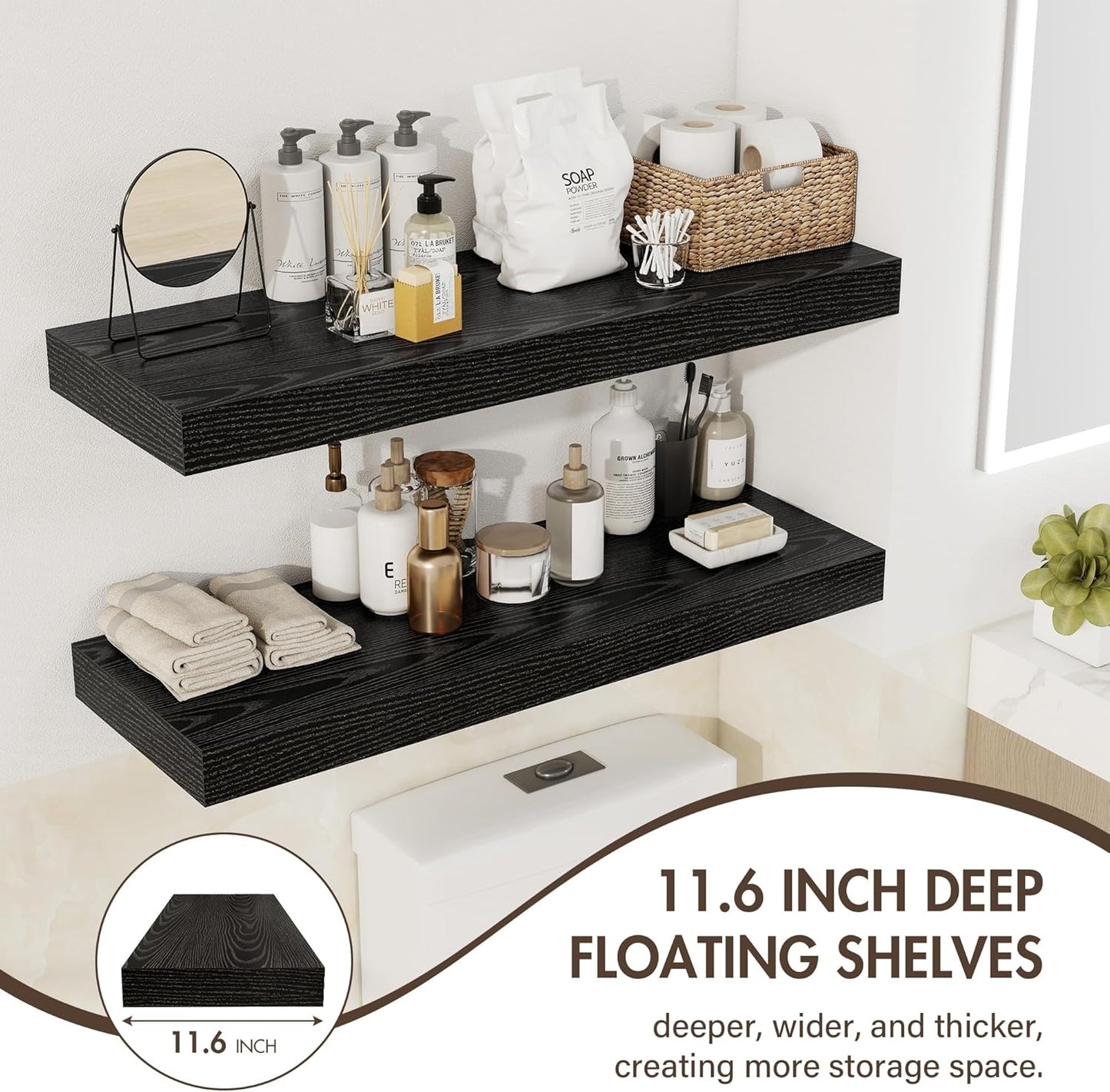 24 Inch Floating Shelves, 12" Deep Floating Shelf Wall Mounted, 24" Wall Shelves, Rustic Deep Bookshelf, Extra Deeper & Thicker Display Shelves for Bedroom, Living Room, Black, Set of 2