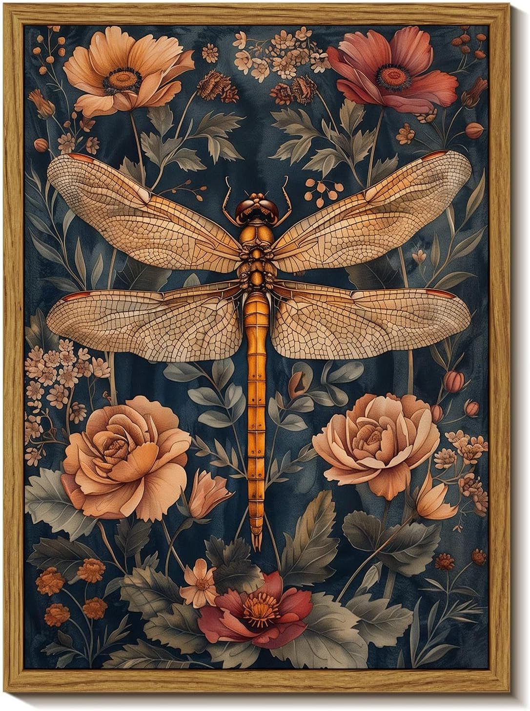 Djmwtb Vintage Dragonfly Framed Wall Art Floral Botanical Canvas Art Prints Flower Pictures Wall Decor Nature Paintings Artwork for Bedroom Living Room 12x16in