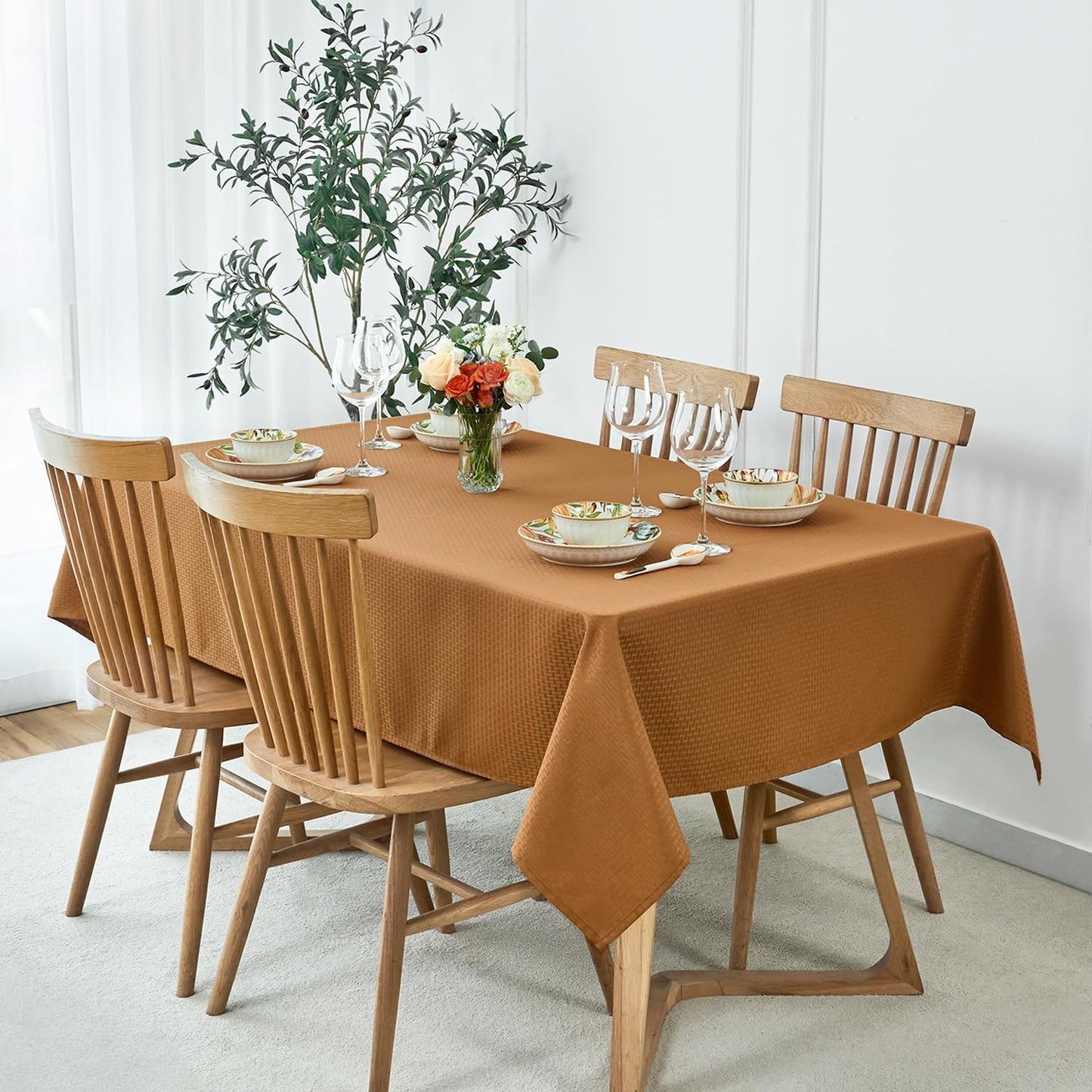 maxmill Weaved Texture Design Harvest Tablecloth Water Resistant Wrinkle Free Spill-Proof Soft Table Cloth for Fall Harvest Thanksgiving Parties Dinner Decoration, Rectangle 60 x 84 Inch Amber