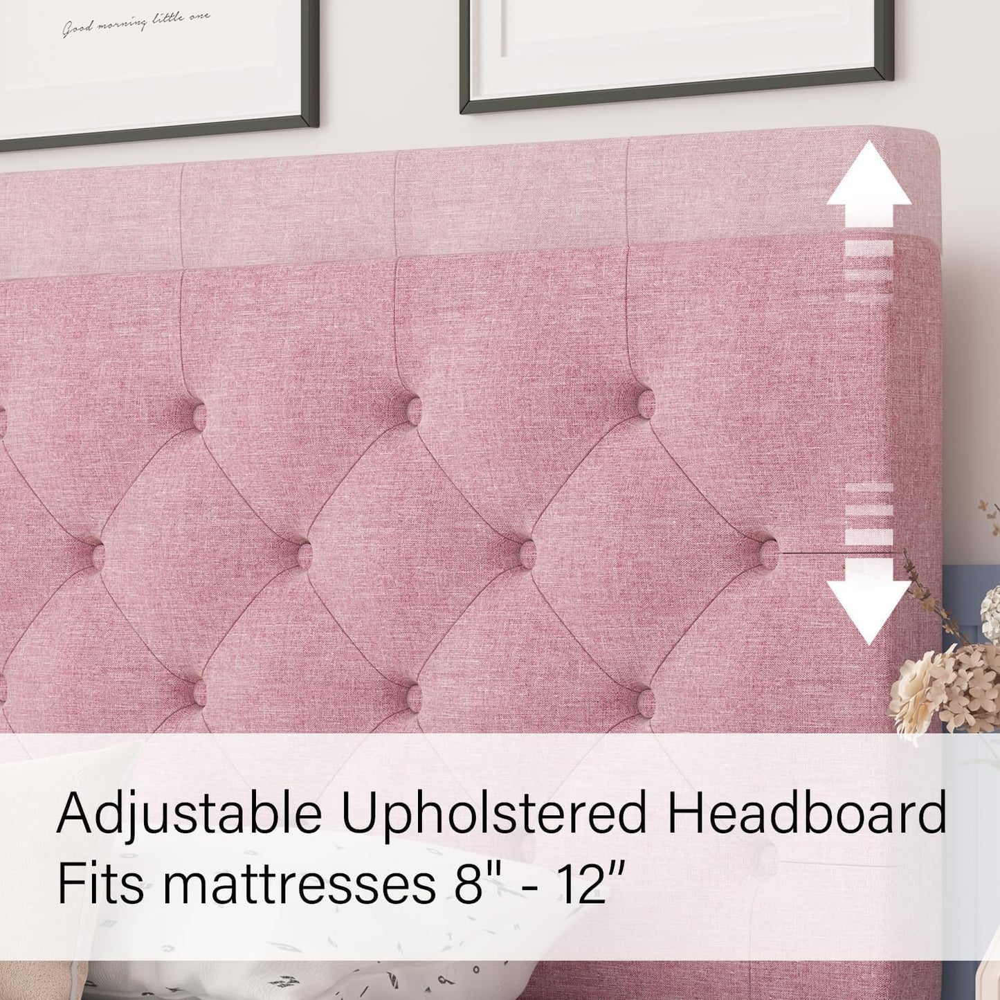 HOMBCK Full Bed Frame with Headboard, Linen Fabric Upholstered Bed Frame Full, Pink Bed Frame with Wood Slats, Button Tufted, No Box Spring Needed, Pink