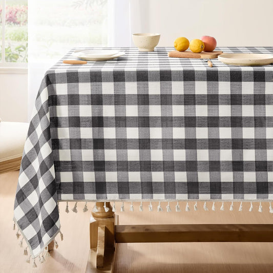 Softalker Checkered Tablecloth Rectangle, Heavy Weight Linen Gingham Outdoor Table Cloth with Tassel, Wrinkle Free Buffalo Plaid Table Cover for Dining/Party/Home - 55 x 84 Inch, Black