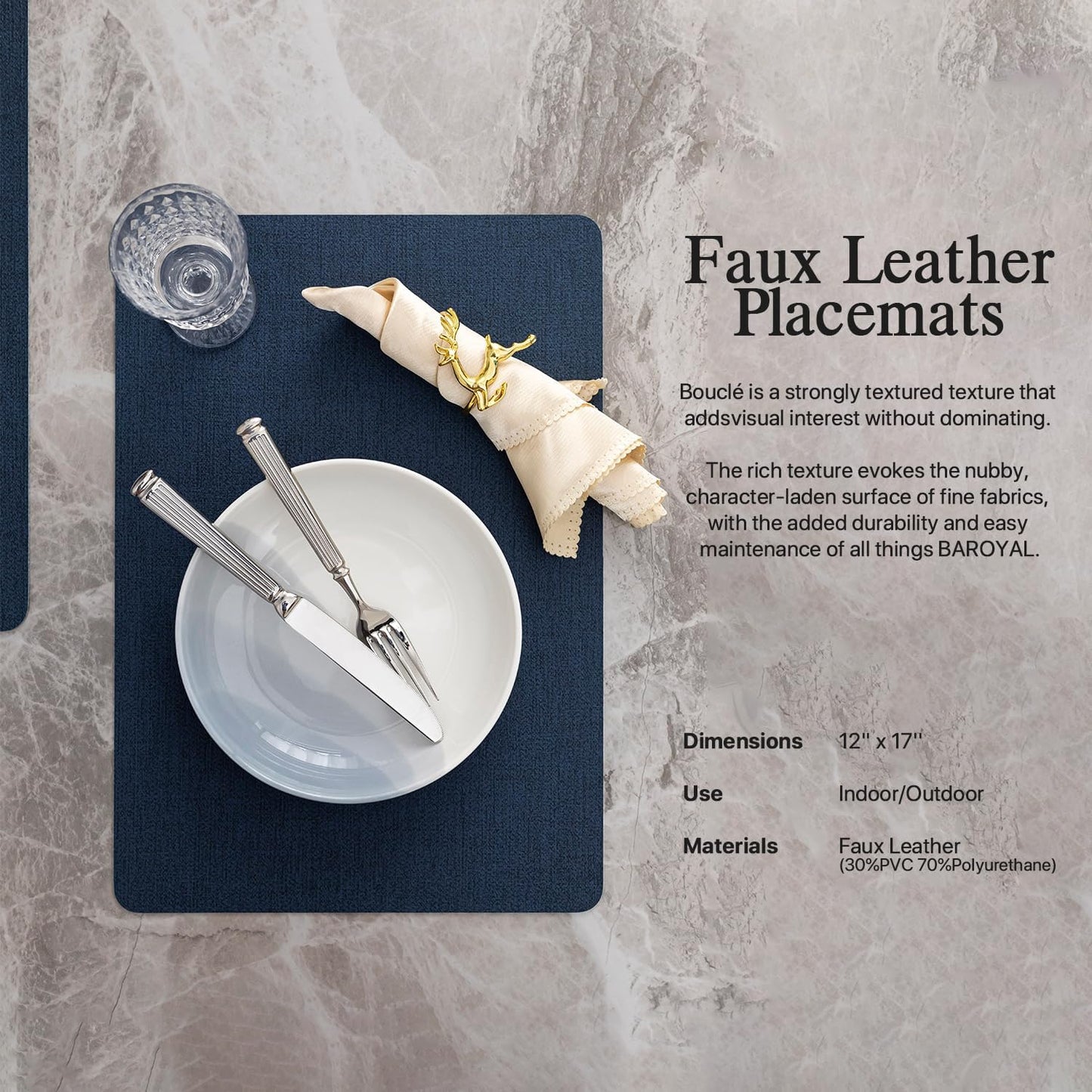 Faux Leather Placemats Set of 6 Vinyl Washable Wipeable Table Mats for Kitchen Dining Table Heat Resistant Waterproof Modern Indoor/Outdoor Placemats Non-Slip Easy Clean Place Mats (Navy)