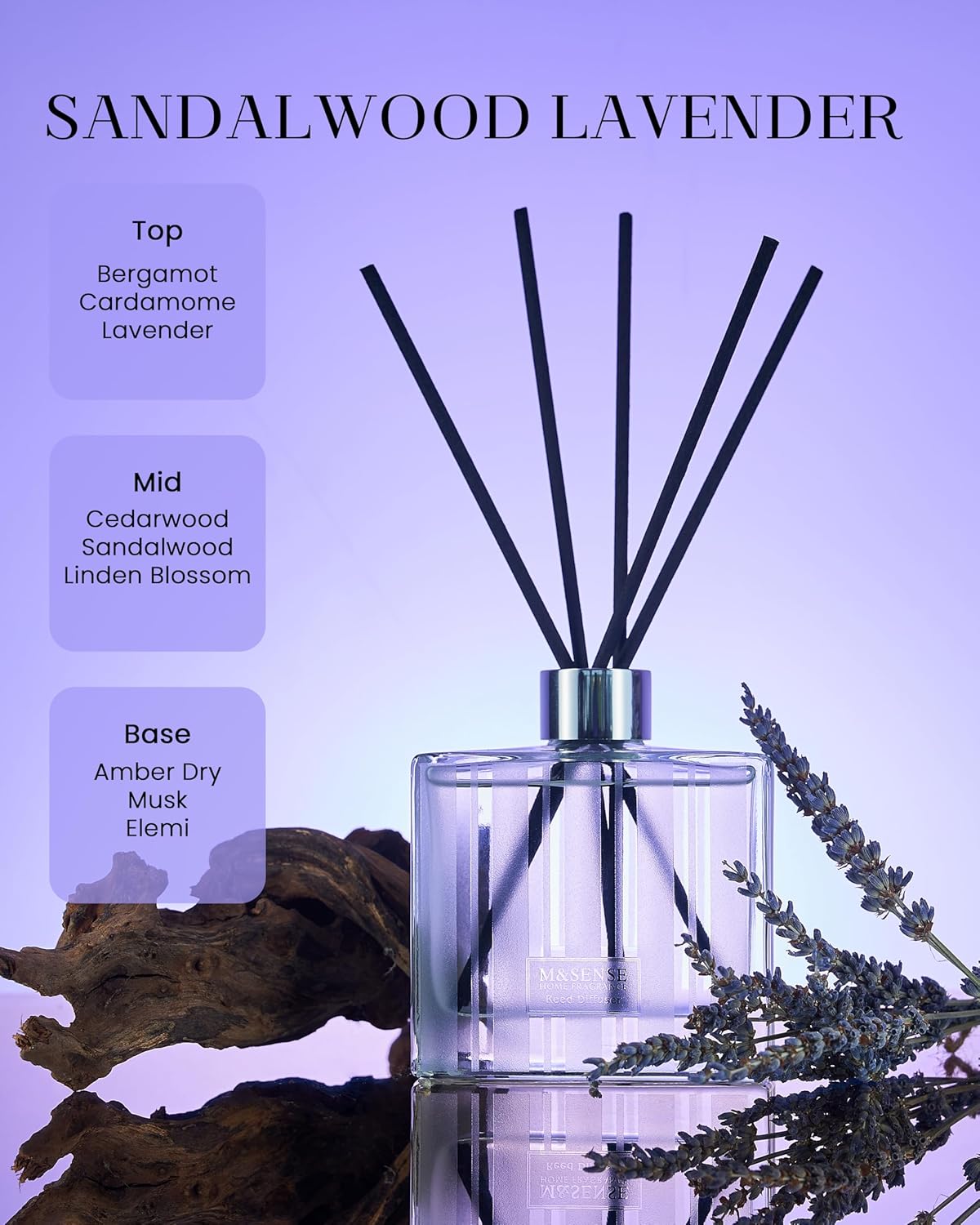 M&SENSE Sandalwood Lavender Reed Diffuser Set - 7.04oz Non-Toxic Essential Oil Diffusers with Sticks, Holiday Aromatherapy Diffusers for Bedroom & Bathroom & Shelf Decor