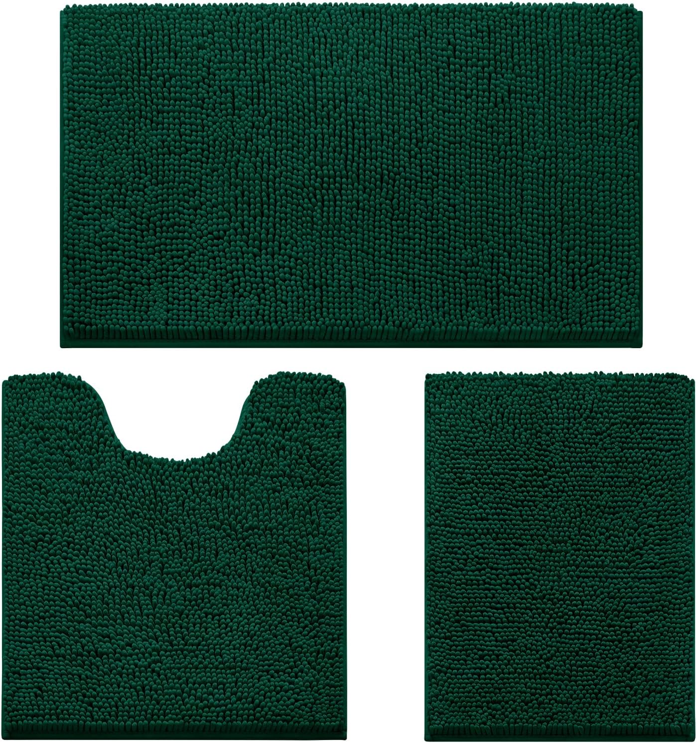 HOMEIDEAS 3 Pieces Bathroom Rugs, Ultra Soft Non Slip Absorbent Chenille Toilet Bath Mat Set (Dark Green,17"x24"+20"x32"+U Shape 20"x24")