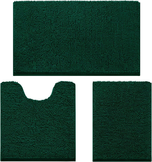 HOMEIDEAS 3 Pieces Bathroom Rugs, Ultra Soft Non Slip Absorbent Chenille Toilet Bath Mat Set (Dark Green,17"x24"+20"x32"+U Shape 20"x24")