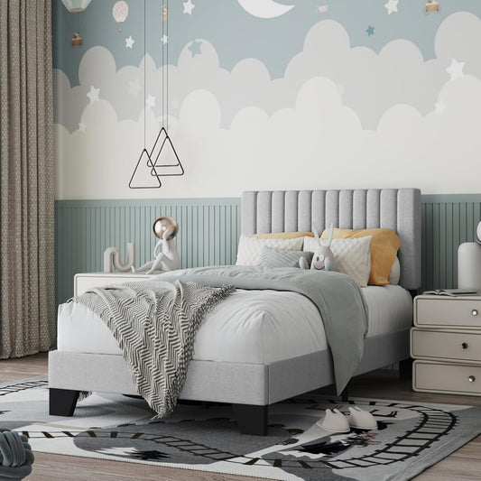 Twin Size Bed Frame with Adjustable Tufted Headboard – Linen Upholstered Platform Bed, Sturdy Frame & Slats, No Box Spring Needed, Noise-Free, Easy Assembly (Gray, Twin)