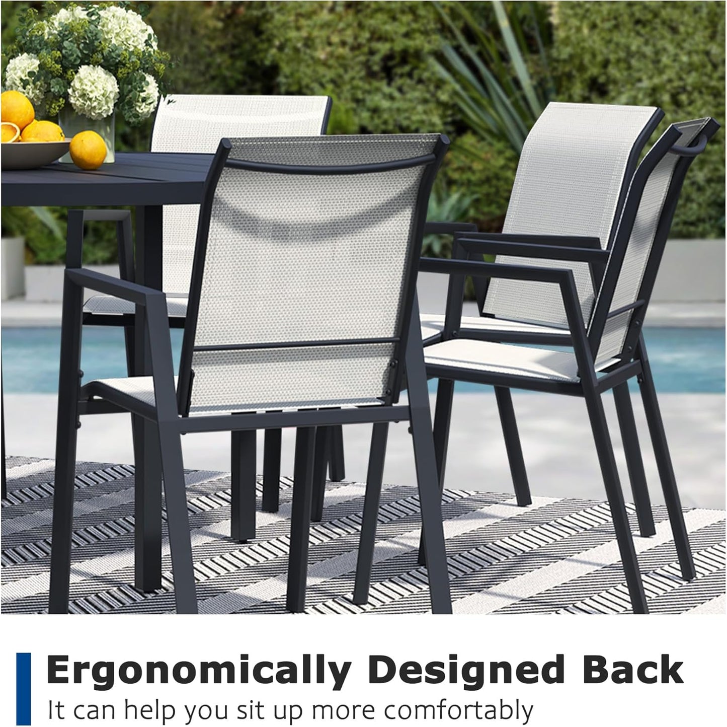 9 Piece Outdoor Dining Set, Patio Table and Chairs Set of 8, 60" Black Round Patio Table with 8 Oyster Beige Stackable Patio Chairs for Lawn, Garden, Porch