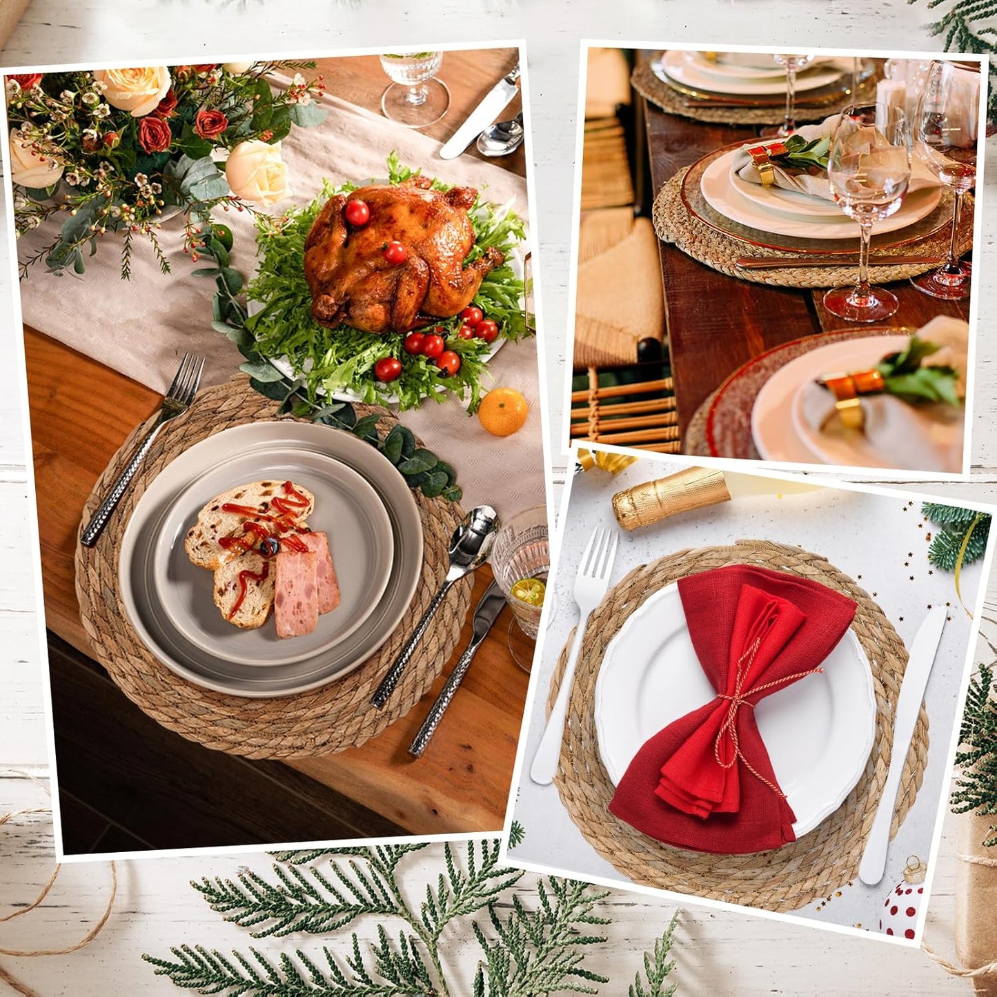 GENMOUS Woven Placemats Set of 12, 13.5" Round Placemats Natural Water Hyacinth Boho Placemat,Farmhouse Rattan Chargers for Dinner Plates,Rustic Braided Wicker Table Mats for Dining Table,Home,Wedding