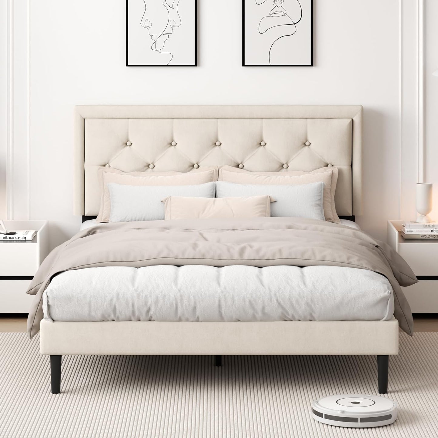 Queen Size Platform Bed Frame with Upholstered Velvet Button Tufted Headboard, Mattress Foundation with Wooden Slat Support, No Box Spring Needed, Easy Assembly, Noise Free, Beige