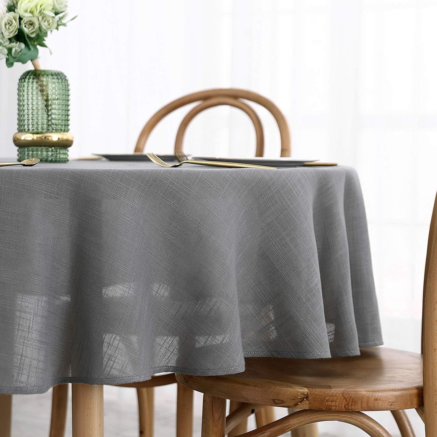 maxmill Lux Faux Linen Tablecloth with Slubby Texture Wrinkle Resistant Anti-Shrink Soft Table Cloth for Kitchen Dining Restaurant Tabletop for Event Holiday Dinner Round 70 Inch Neutral Gray