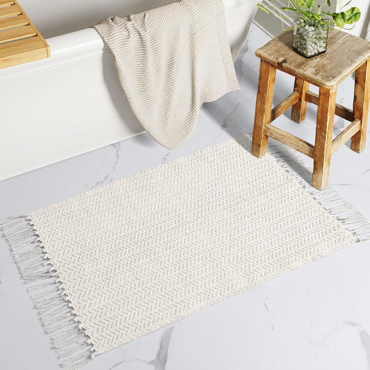 Lahome Boho Bathroom Rugs, Small 2x3 Door Mat Indoor Lightweight Entryway Rug Washable Cotton Area Rug with Tassels, Farmhouse Non Shedding Beige Throw Rug Low Pile Carpet for Kitchen Laundry