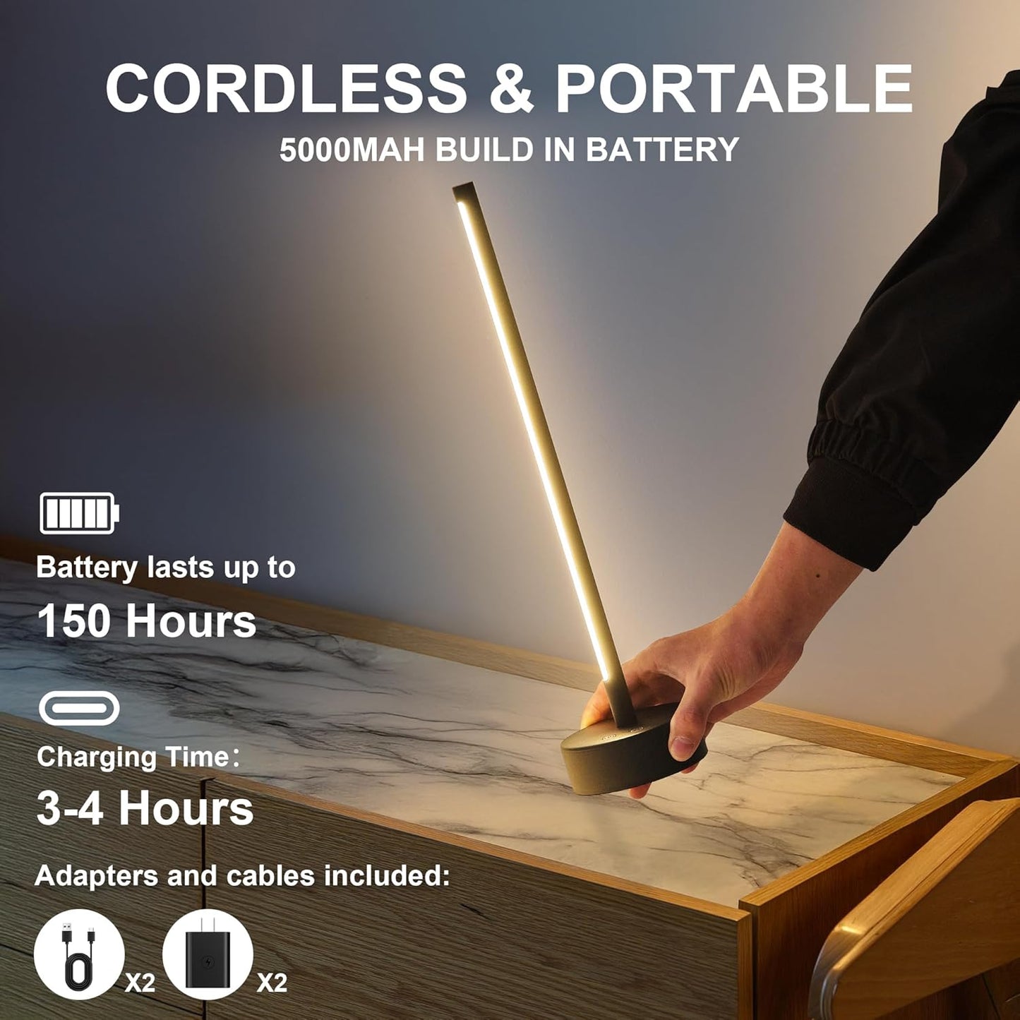 Cordless LED Table Lamp Set of Two, Battery Operated Portable Desk Lamp, Dimmable/3 Color/Memory Function, Modern Rechargeable Table Light for Living Room,Bedroom, Bedside, Black, 2 Pack