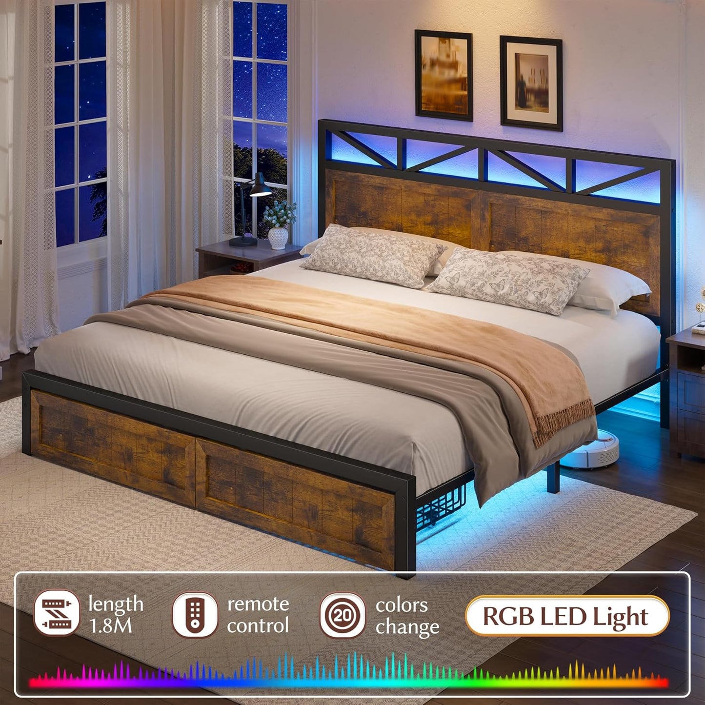 EnHomee Queen Metal Bed Frame with 2 Storage Drawers, Built in Charging Station & LED Light,NO Noise,No Box Spring Needed,Rustic Brown