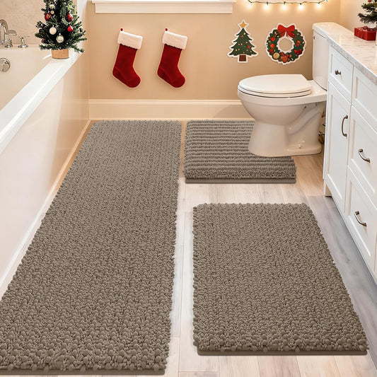ACCUMTEK Upgrade Extra Large Dark Beige Bathroom Rug Set 3 Pieces Gray Ultra Soft, Thick Absorbent Bath Mats, Non Slip Chenille Toilet Mat Bathroom, Bedroom, Kitchen, Taupe