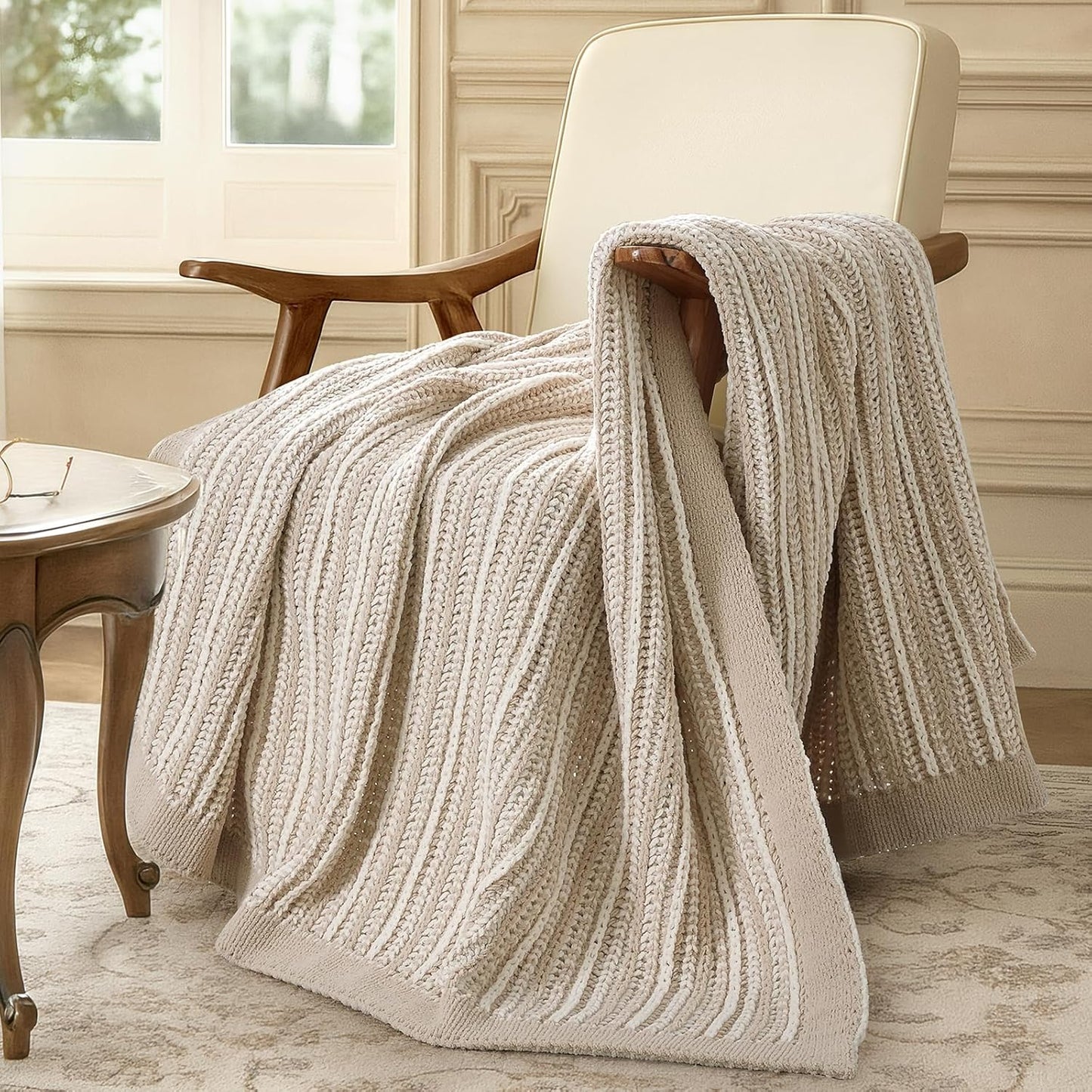 Amélie Home Striped Knit Throw Blanket for Couch, Dual-Sided Soft Chenille Decorative Blankets for Sofa & Chair, 50"x60", Khaki & White