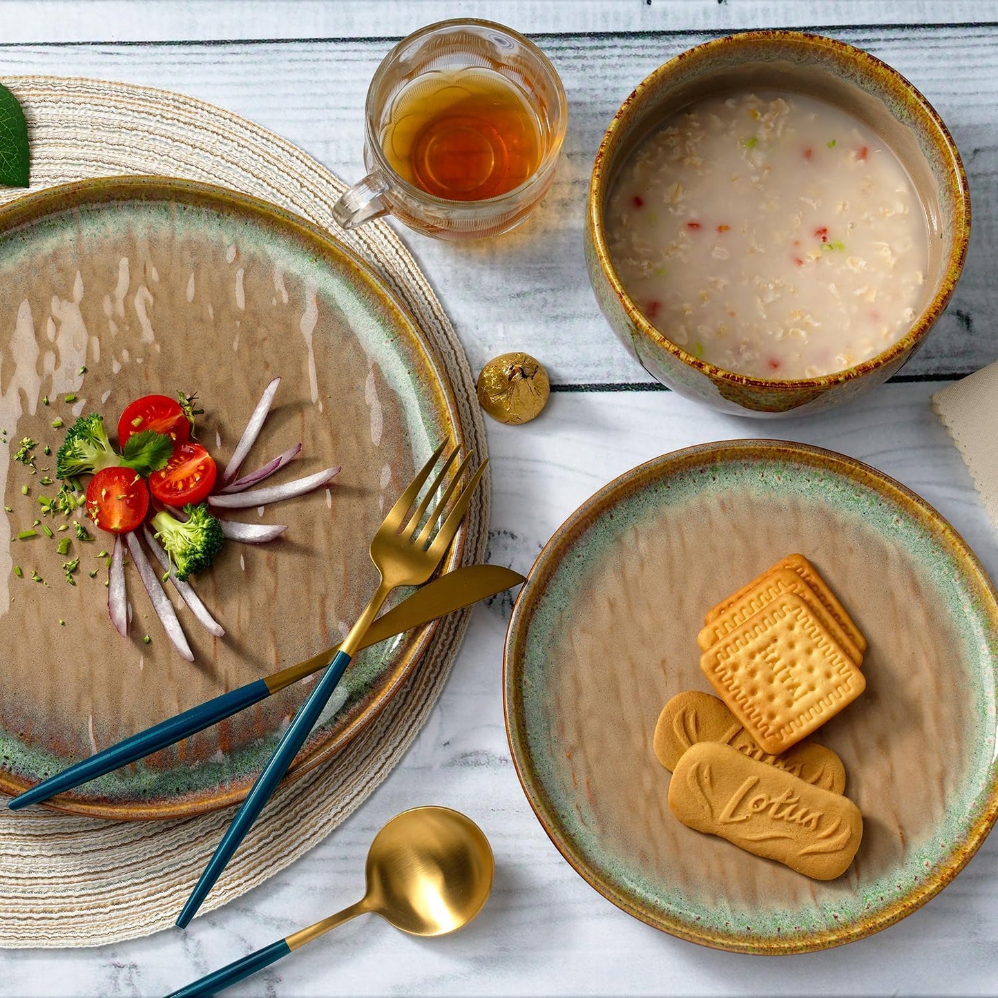 Joseph Sedgh Collection “Alyssa” 12-Piece Stoneware Dinnerware Set with Reactive Glaze Finish, Service for 4, Brown Reactive Glaze