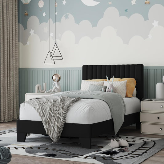 Twin Size Bed Frame with Adjustable Tufted Headboard – Velvet Upholstered Platform Bed, Sturdy Frame & Slats, No Box Spring Needed, Noise-Free, Easy Assembly (Black, Twin)