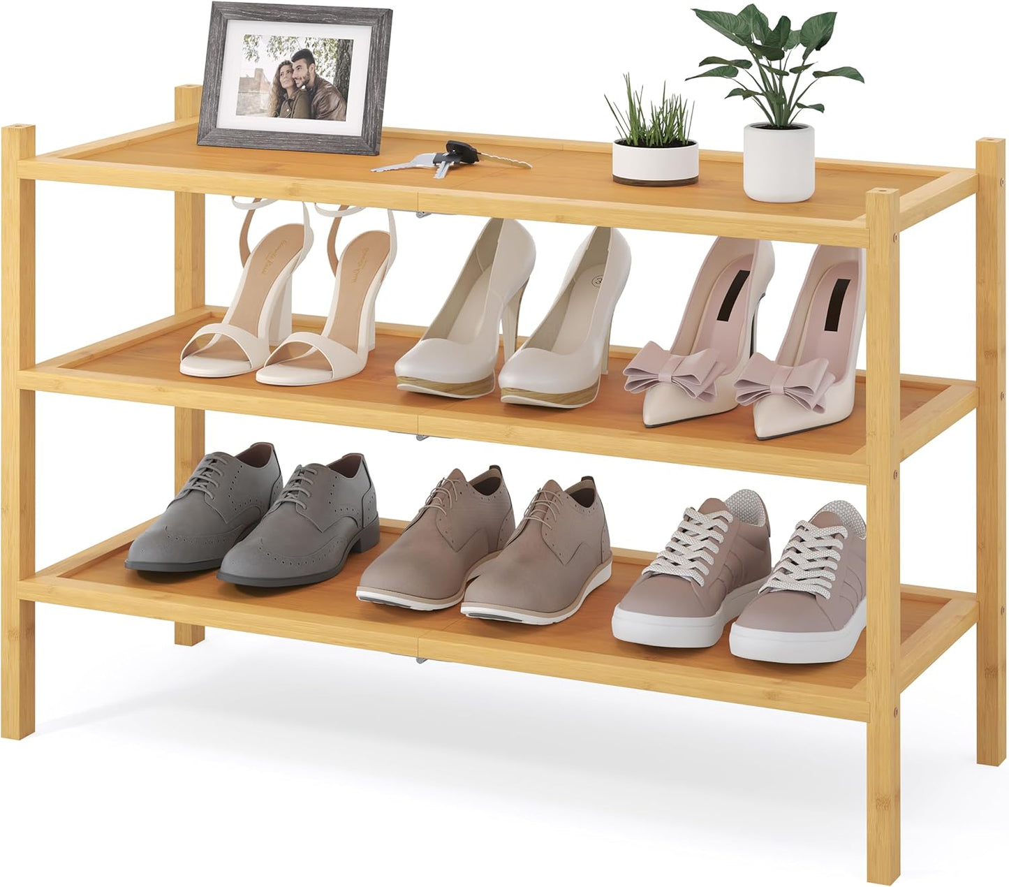 Smiry Bamboo Shoe Rack, 3 Tier Shoe Organizer for Entryway & Closet, Stackable Free Standing Storage Shelf for Shoes, Bags & Plants, Natural