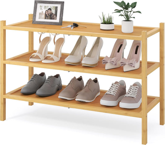 Smiry Bamboo Shoe Rack, 3 Tier Shoe Organizer for Entryway & Closet, Stackable Free Standing Storage Shelf for Shoes, Bags & Plants, Natural