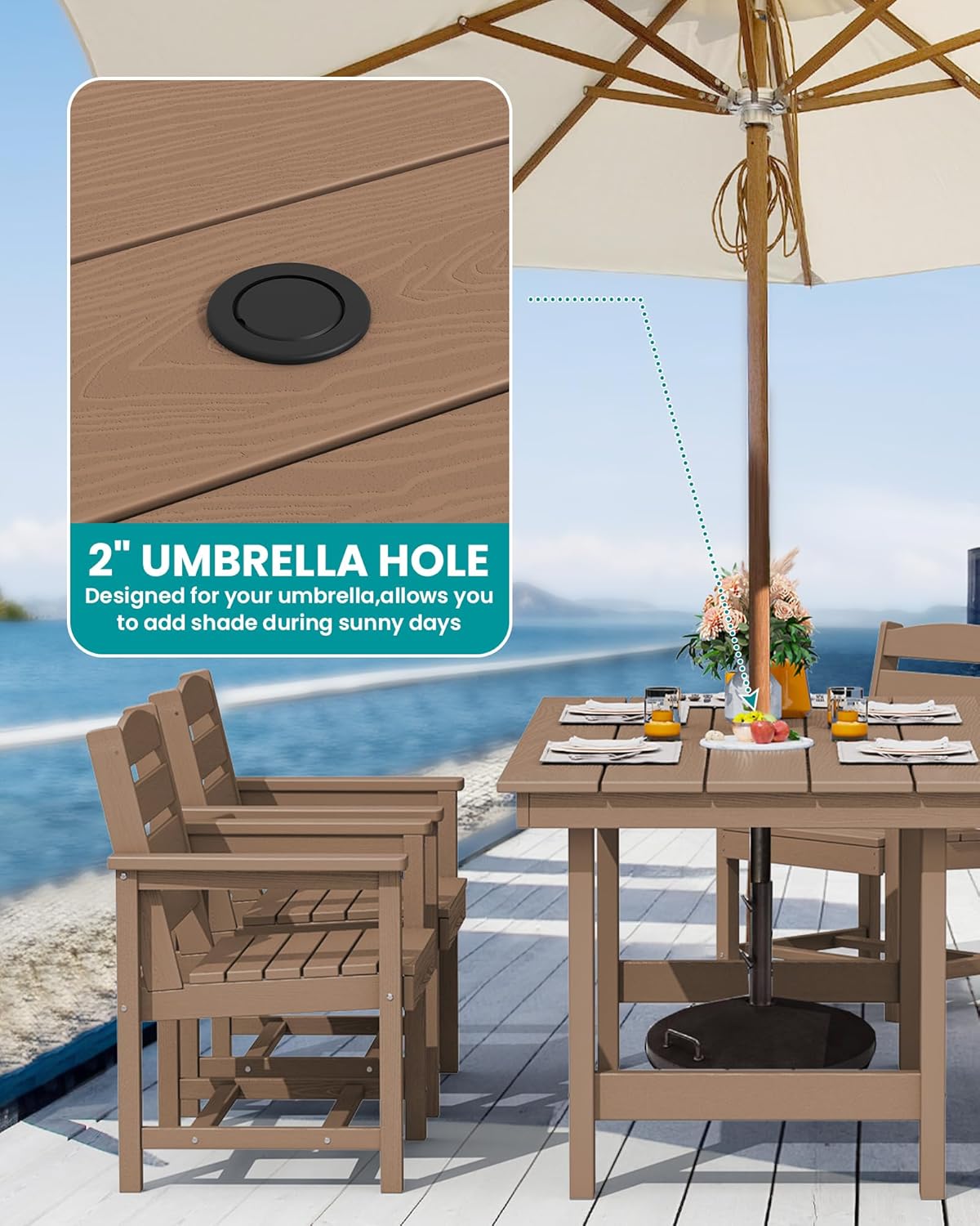 SERWALL 8-Piece Patio Dining Sets with 15FT Double Side Patio Umbrella, Outdoor HDPE Dining Furniture Set with Umbrella Hole Cut-Out Table and 6 Chairs, Brown（Umbreall Base not Included）