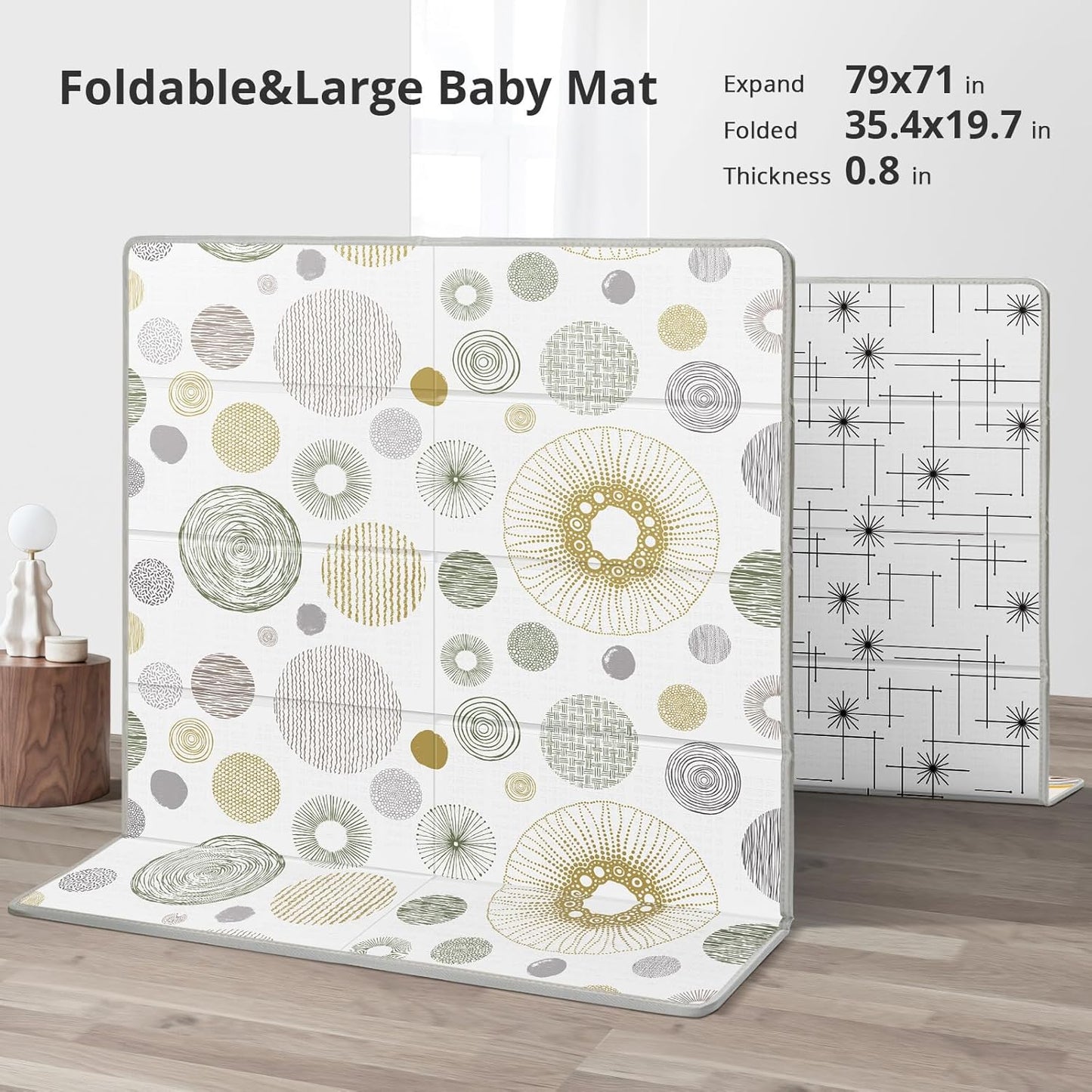 Extra Large Play Mat for Baby, 0.8 Inch Thick BPA Free, Reversible Foldable Baby Play Mat, 79" x71" Waterproof Foam Floor Baby Crawling Mat, Portable Playmat for Infants, Toddler, Kids, Circle