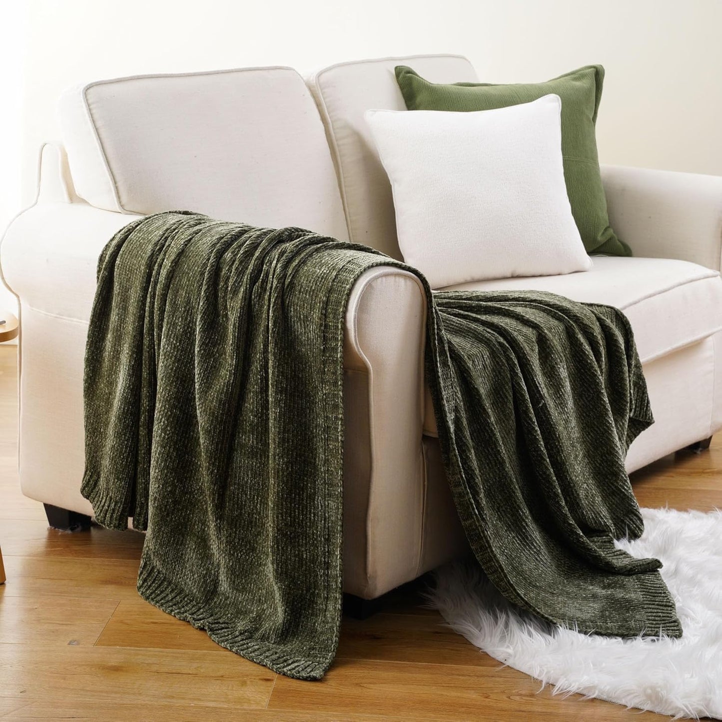 BATTILO HOME Olive Green Chenille Throw Blanket for Couch, Cozy Knit Throw Blanket for Bed Sofa Outdoor, Super Soft Warm Green Blankets Chenille Blankets for Home Decor, 51"x67"