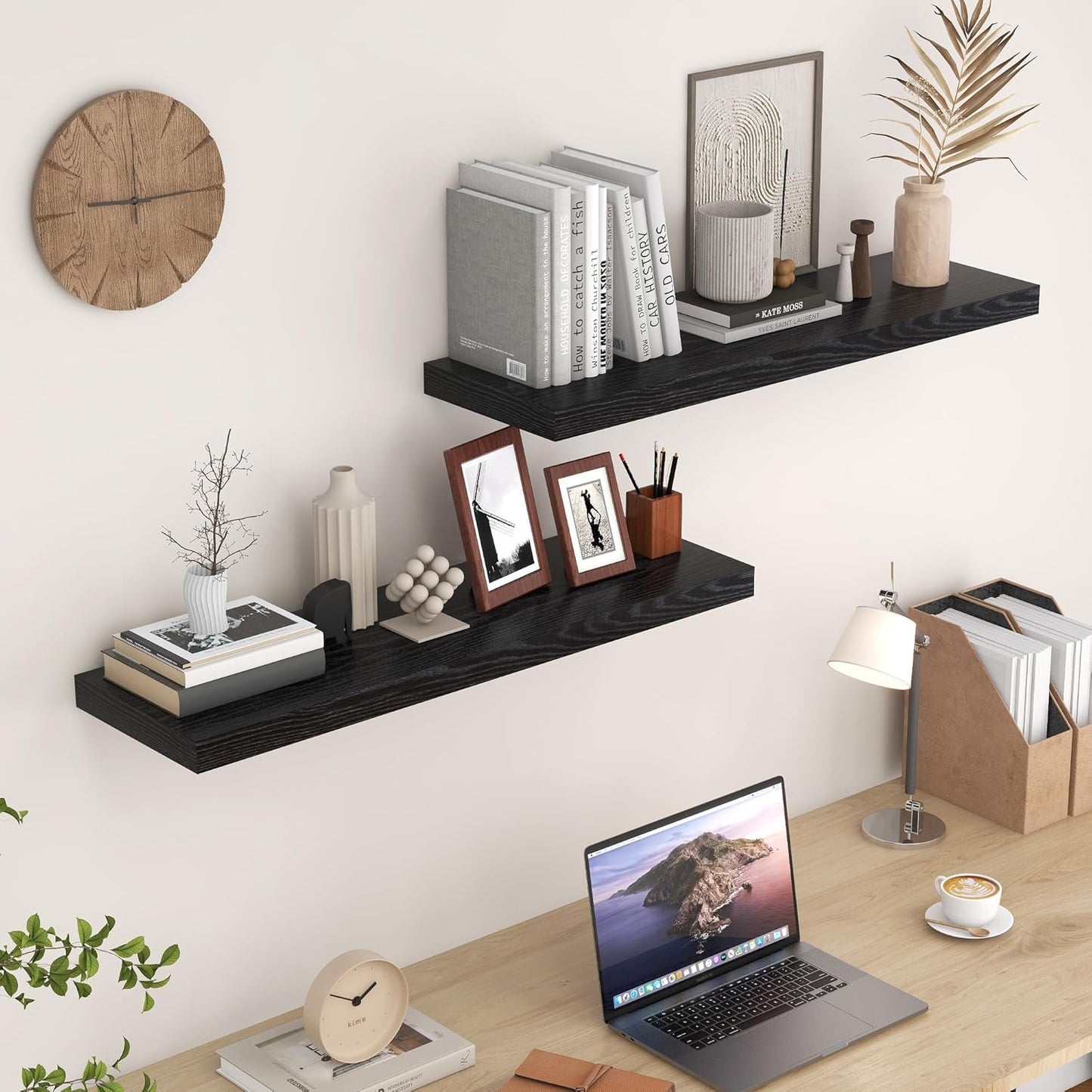 Fun Memories 36 Inch Floating Shelves Black, 9.3 Deep Floating Shelf for Wall, Rustic Black Wall Shelves 36x9.3x1.5 - Set of 2, Large Deep Shelf for Kitchen, Living Room Storage