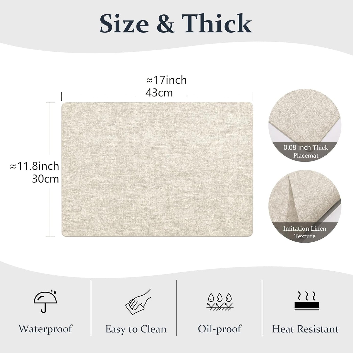 FROMHEART Faux Leather Placemats Set of 4–Waterproof,Heat/Oil Stain-Resistant PU Table Mat–Reversible,Non-Slip,Easy to Clean Place Mats for Kitchen,Dining,Indoor/Outdoor,(Beige,11.8" x 17")