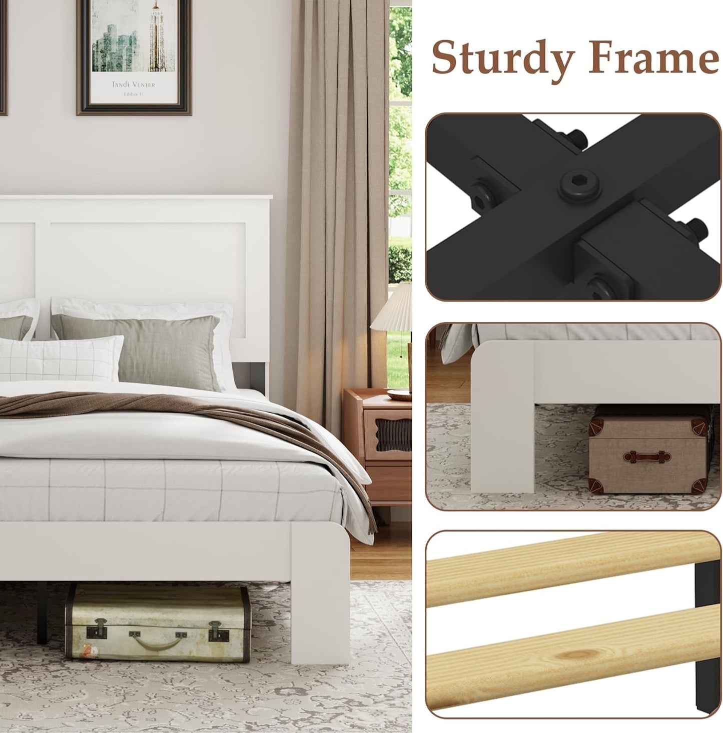 Wood Platform Bed Frame, Full Bed Frame with Headboard and Wood Slat Support, Easy Assembly, No Box Spring Needed, Noise-Free, White