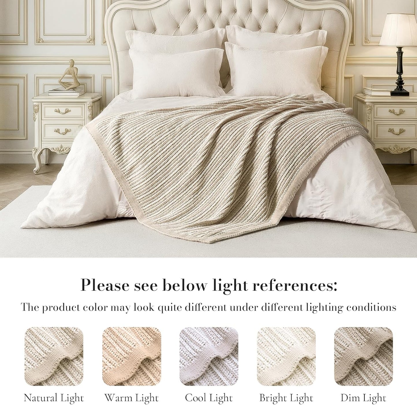 Amélie Home Striped Knit Throw Blanket for Couch, Dual-Sided Soft Chenille Decorative Blankets for Sofa & Chair, 50"x60", Khaki & White