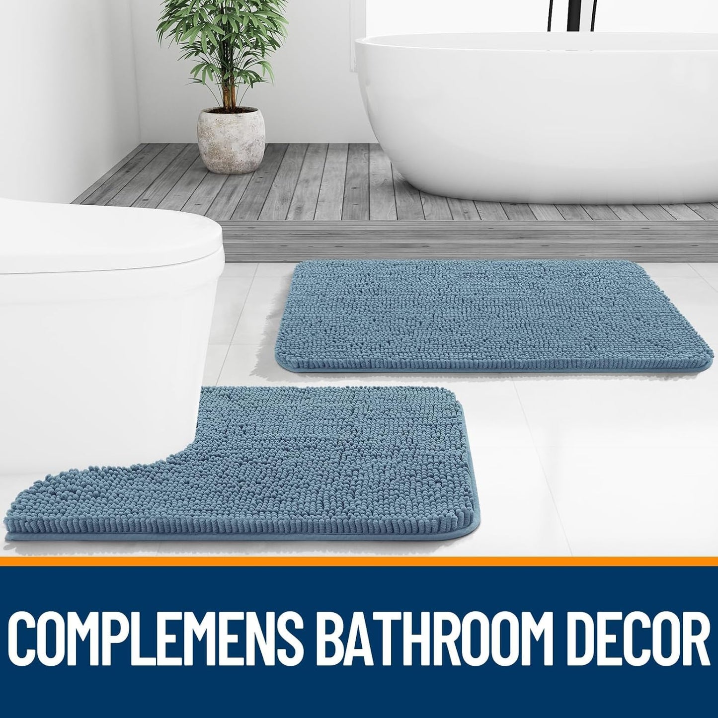OLANLY Bathroom Rugs Sets 2 Piece, Soft Absorbent Chenille Bath Mats and U-Shaped Contour Toilet Mat Area Rug Set, Machine Washable Bath Carpet, Home Decor Accessories(24"x16"+24"x20", Airy Blue)