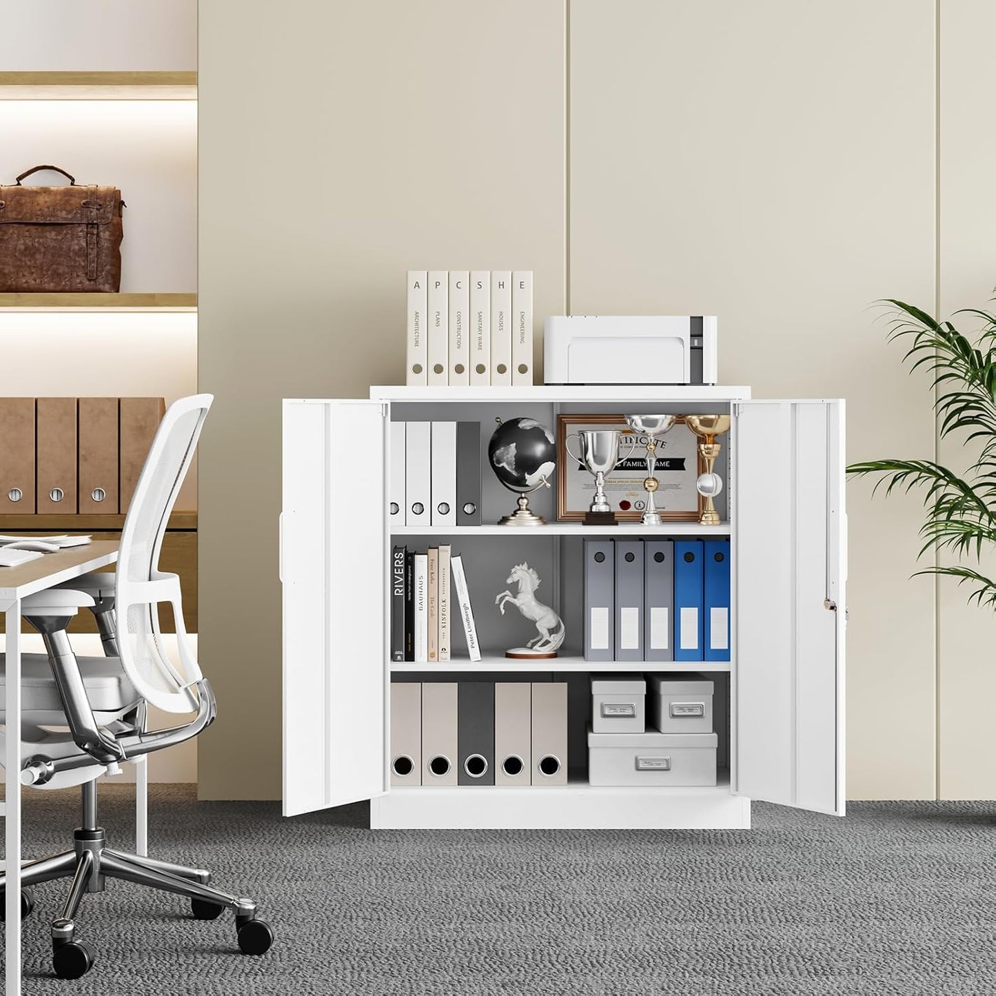 Yizosh Metal Garage Storage Cabinet with 2 Doors and 2 Adjustable Shelves - 35.5" Steel Lockable File Cabinet for Home Office,Garage,Gym,School (White)