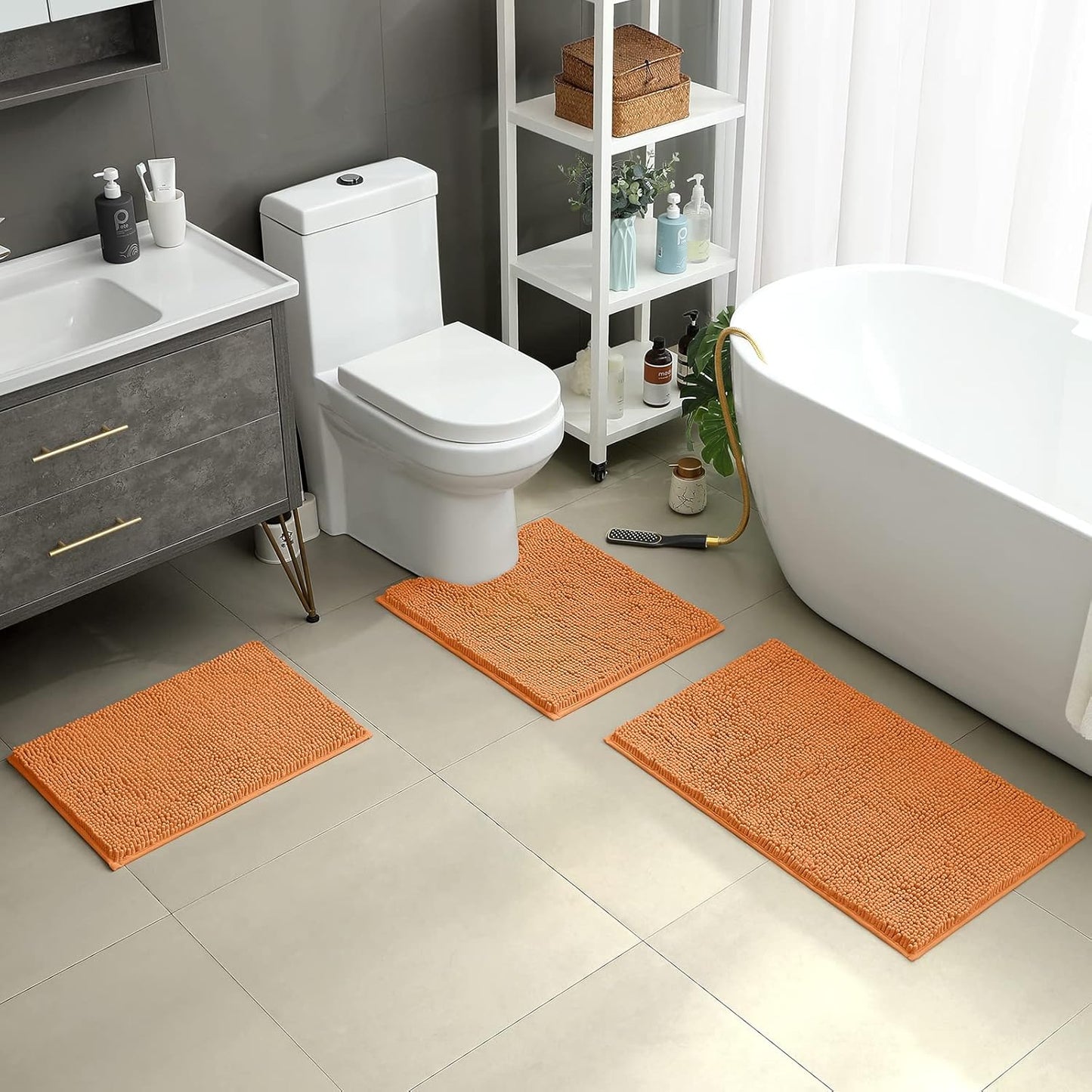 HOMEIDEAS 3 Pieces Bathroom Rugs, Ultra Soft Non Slip Absorbent Chenille Toilet Bath Mat Set (Orange,17"x24"+20"x32"+U Shape 20"x24")