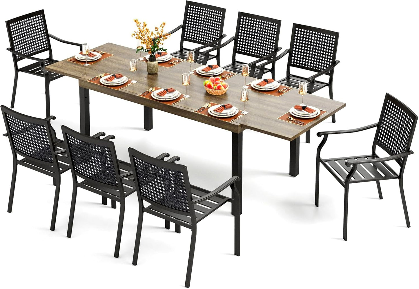 PHI VILLA 9 Piece Patio Dining Set for 8, Expandable Wood-Like Metal Dining Table & Wrought Iron Stackable Chairs, Large Dining Furniture for Outdoor Deck, Backyard, Porch