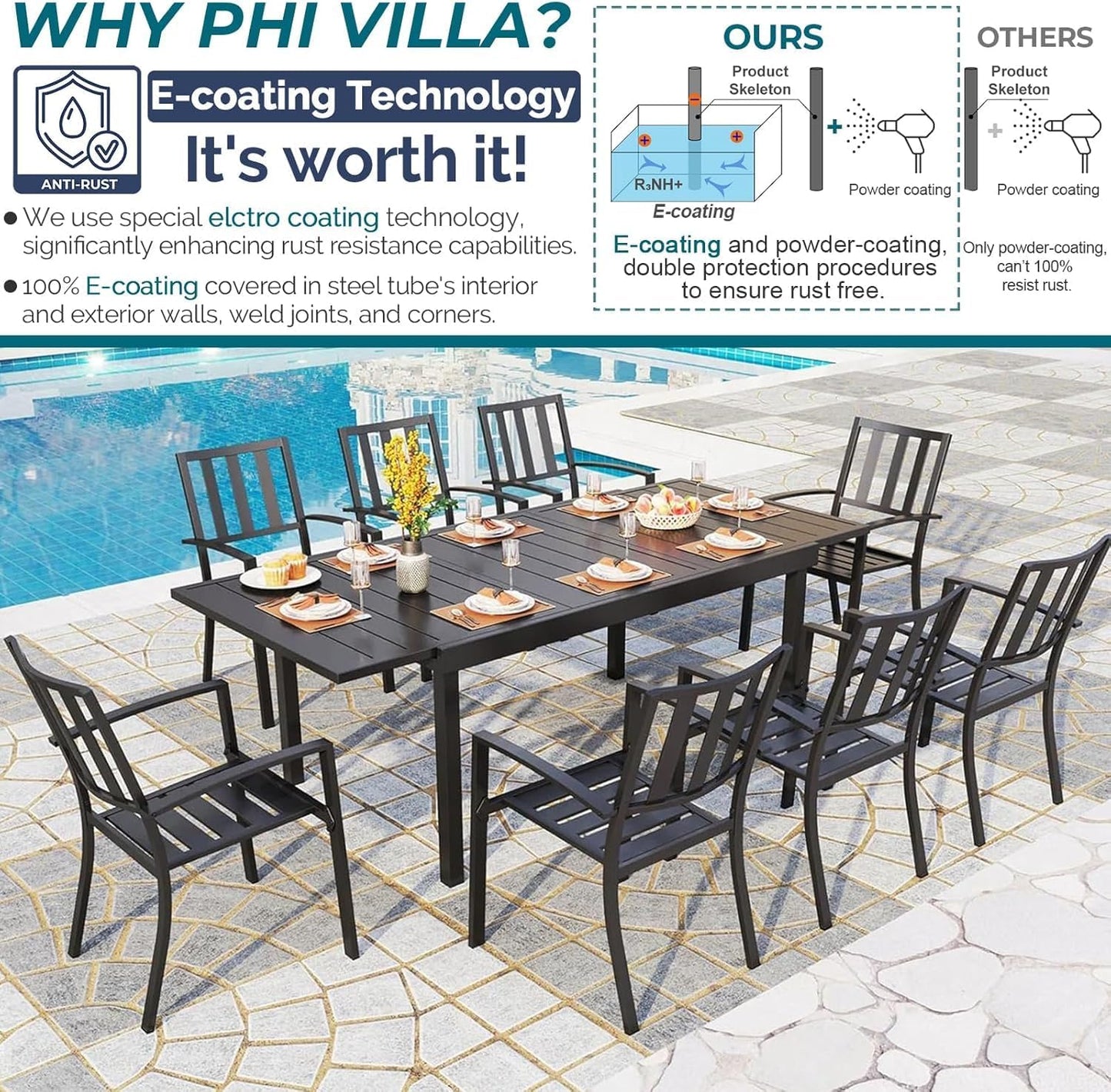 PHI VILLA 7 Pieces Outdoor Dining Set for 6, Expandable Rectangular Metal Dining Table & Stackable Wrought Iron Chairs, Large Furniture Set for Patio, Deck, Yard, Porch